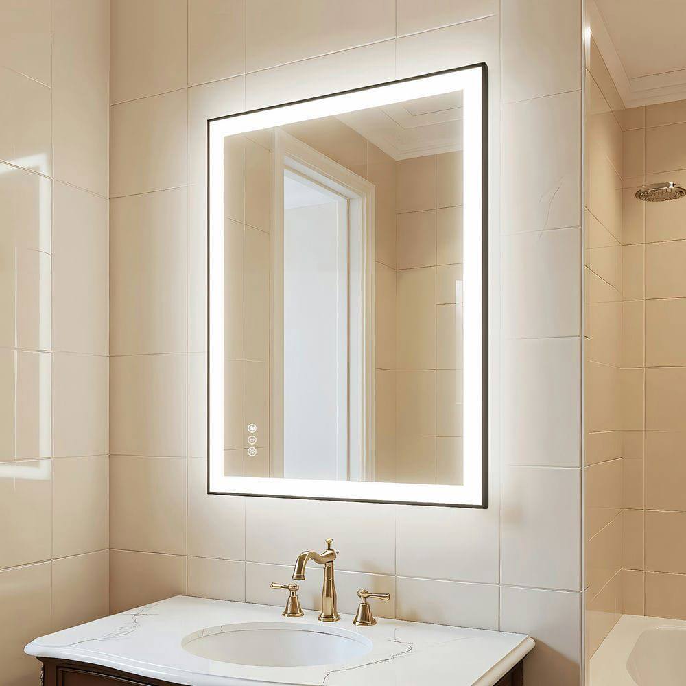 Front. Kadyn - 36x28 Inch Vertical Rectangle LED Bathroom Mirror with Black Metal Frame - Black.