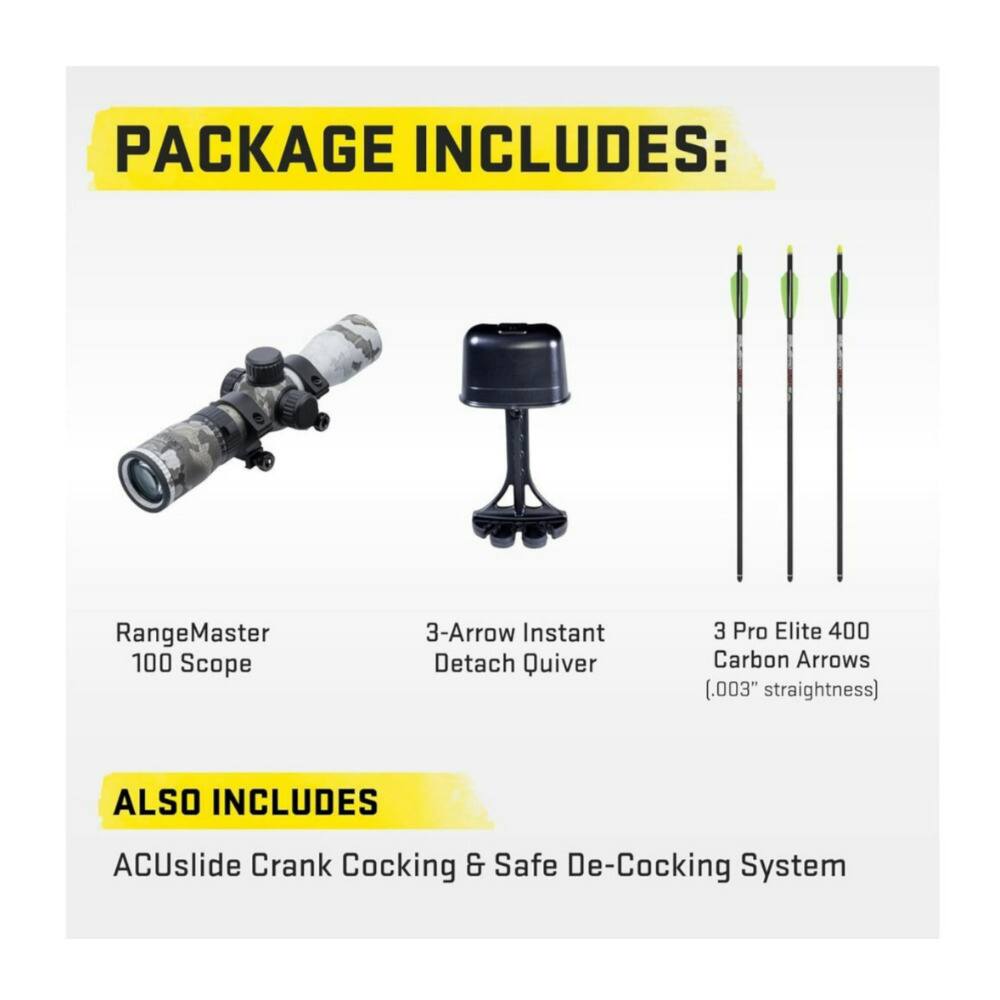 PACKAGE INCLUDES:  
- RangeMaster 100 Scope  
- 3-Arrow Instant Detach Quiver  
- 3 Pro Elite 400 Carbon Arrows (.003" straightness)  

ALSO INCLUDES  
- ACUslide Crank Cocking & Safe De-Cocking System