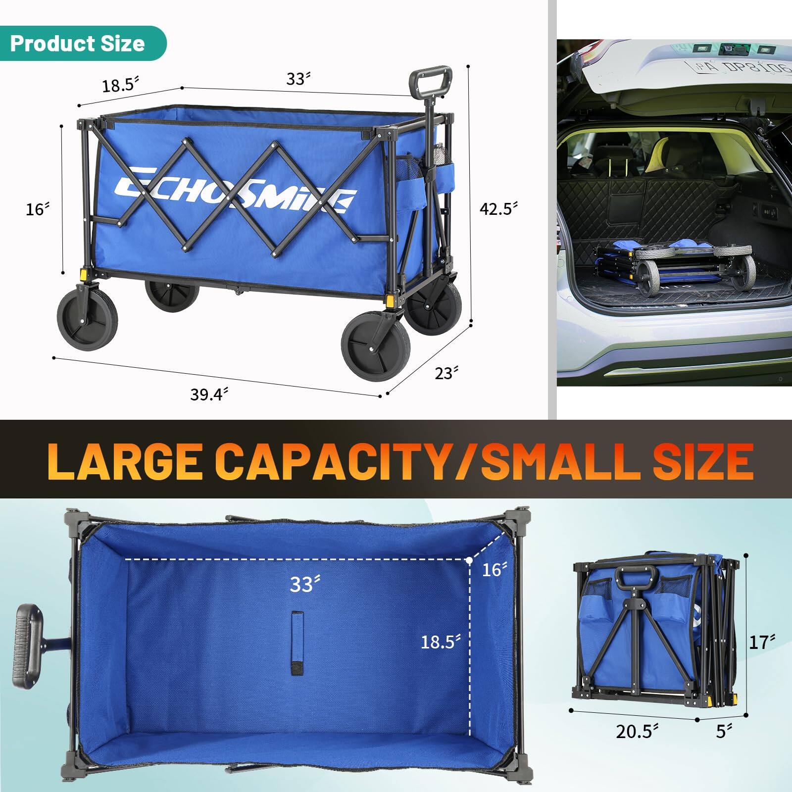 Product Size: 18.5" x 33" x 16" (L x W x H)  
Large Capacity/Small Size: 33" x 18.5" x 17" (L x W x H)  
Dimensions: 42.5" x 39.4" x 23" (Extended)