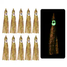 Unique Bargains - Fishing Squid Skirts Glow Soft Plastic Trolling Lures Luminous 3.5 x 0.4 Inch 10pcs for Bass/Trout/Salmon - Gold