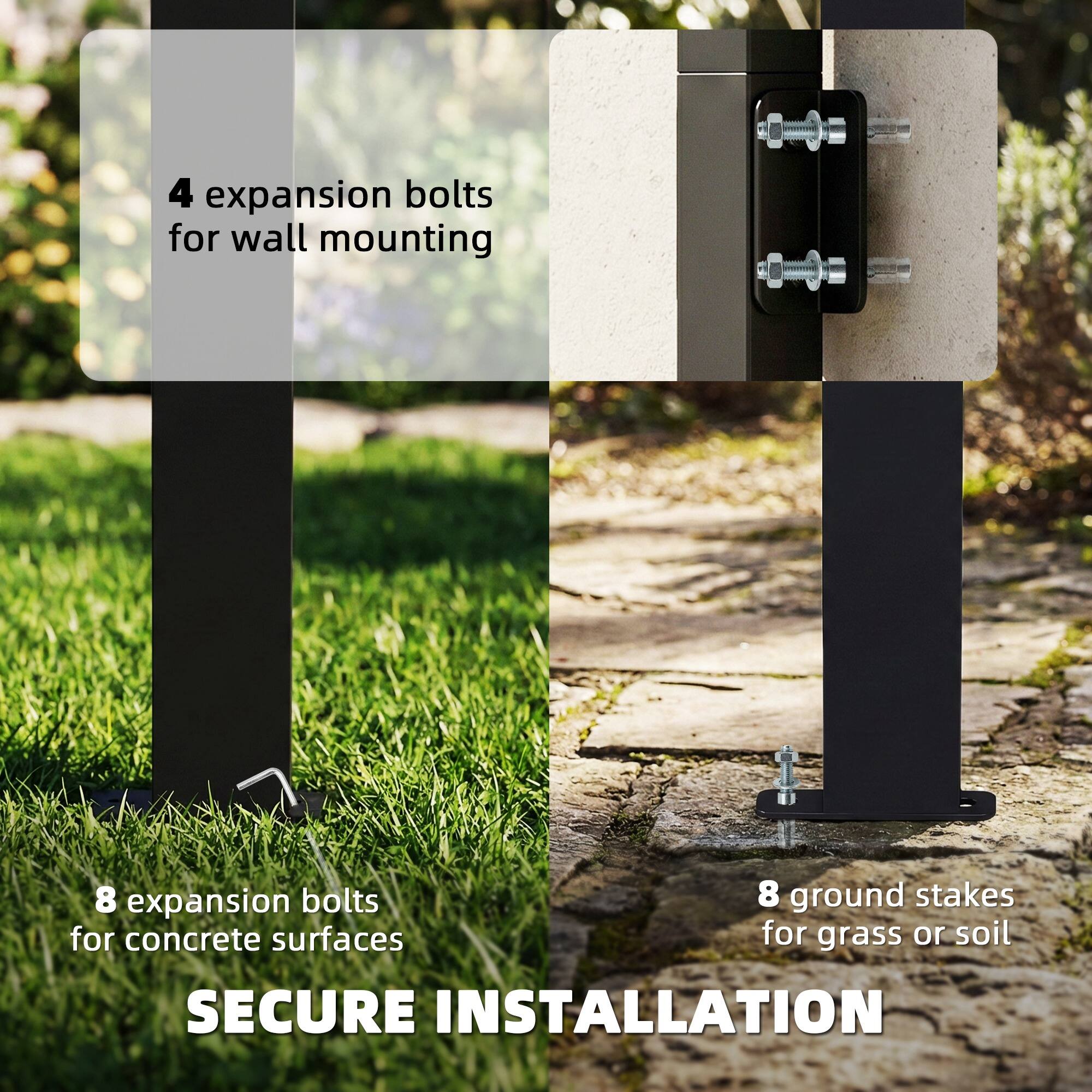 4 expansion bolts for wall mounting  
8 expansion bolts for concrete surfaces  
8 ground stakes for grass or soil  
SECURE INSTALLATION