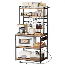 VEVOR - Kitchen Bakers Rack, 5 ft Power Cable Bakers Rack with Power Outlet, Kitchen Stand with X-Shaped Support Bar - Vintage Brown Wood + Black Iron Tube