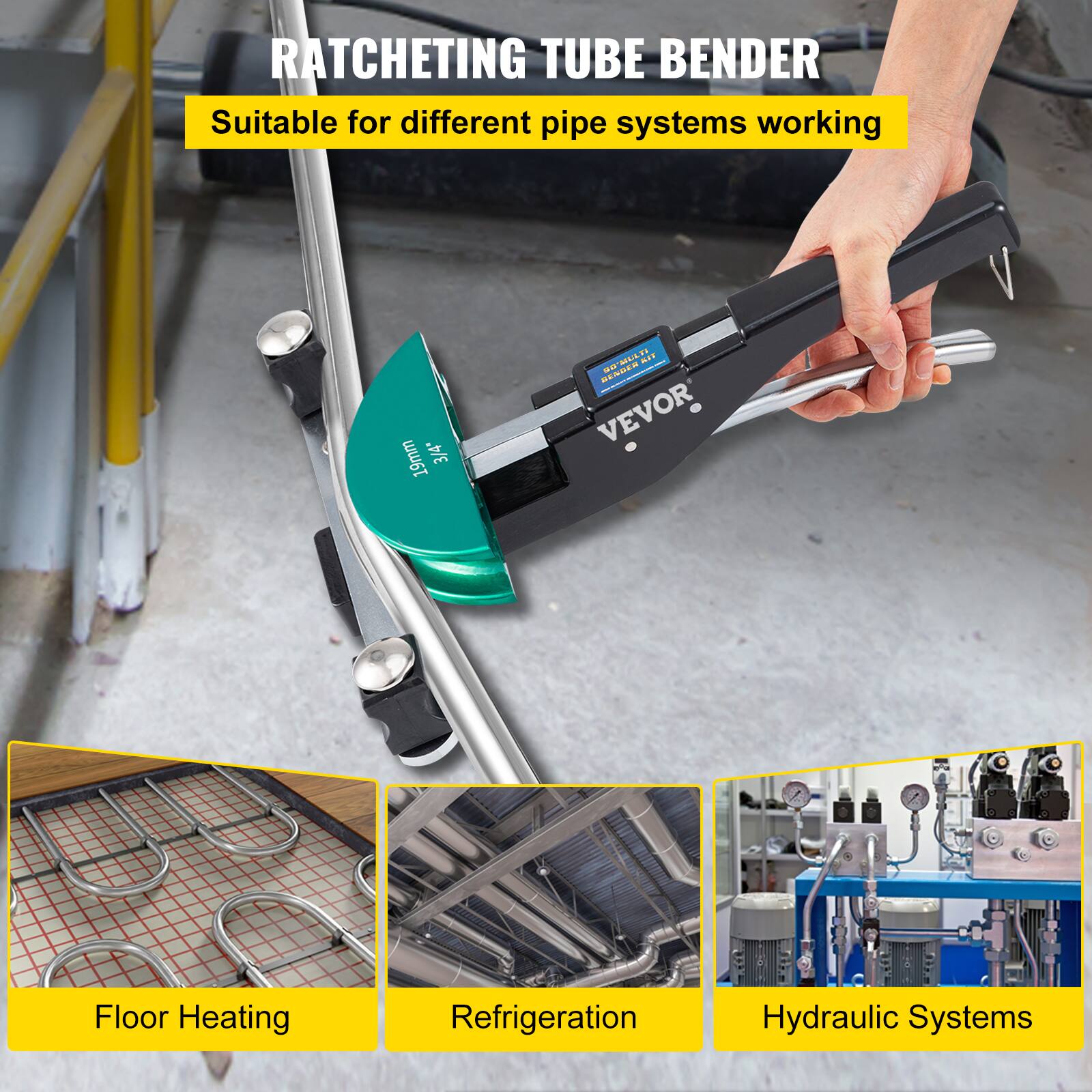 RATCHETING TUBE BENDER  
Suitable for different pipe systems working  
19mm 3/4"  

- Floor Heating  
- Refrigeration  
- Hydraulic Systems
