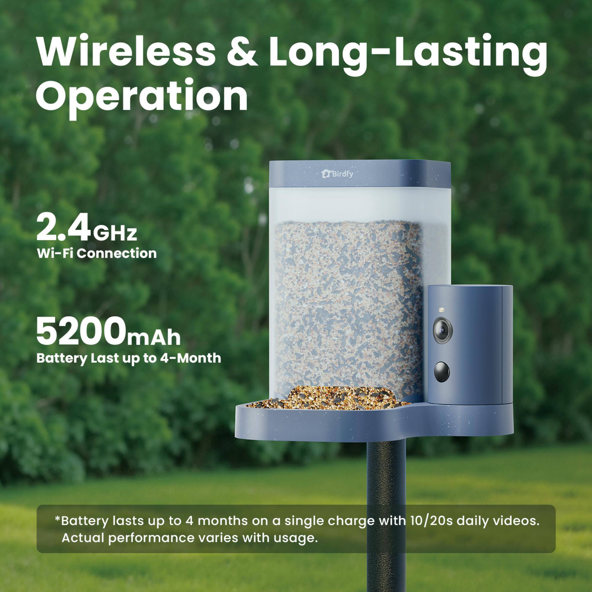 Wireless & Long-Lasting Operation  
2.4GHz Wi-Fi Connection  
5200mAh Battery Last up to 4-Month  

*Battery lasts up to 4 months on a single charge with 10/20s daily videos.  
Actual performance varies with usage.