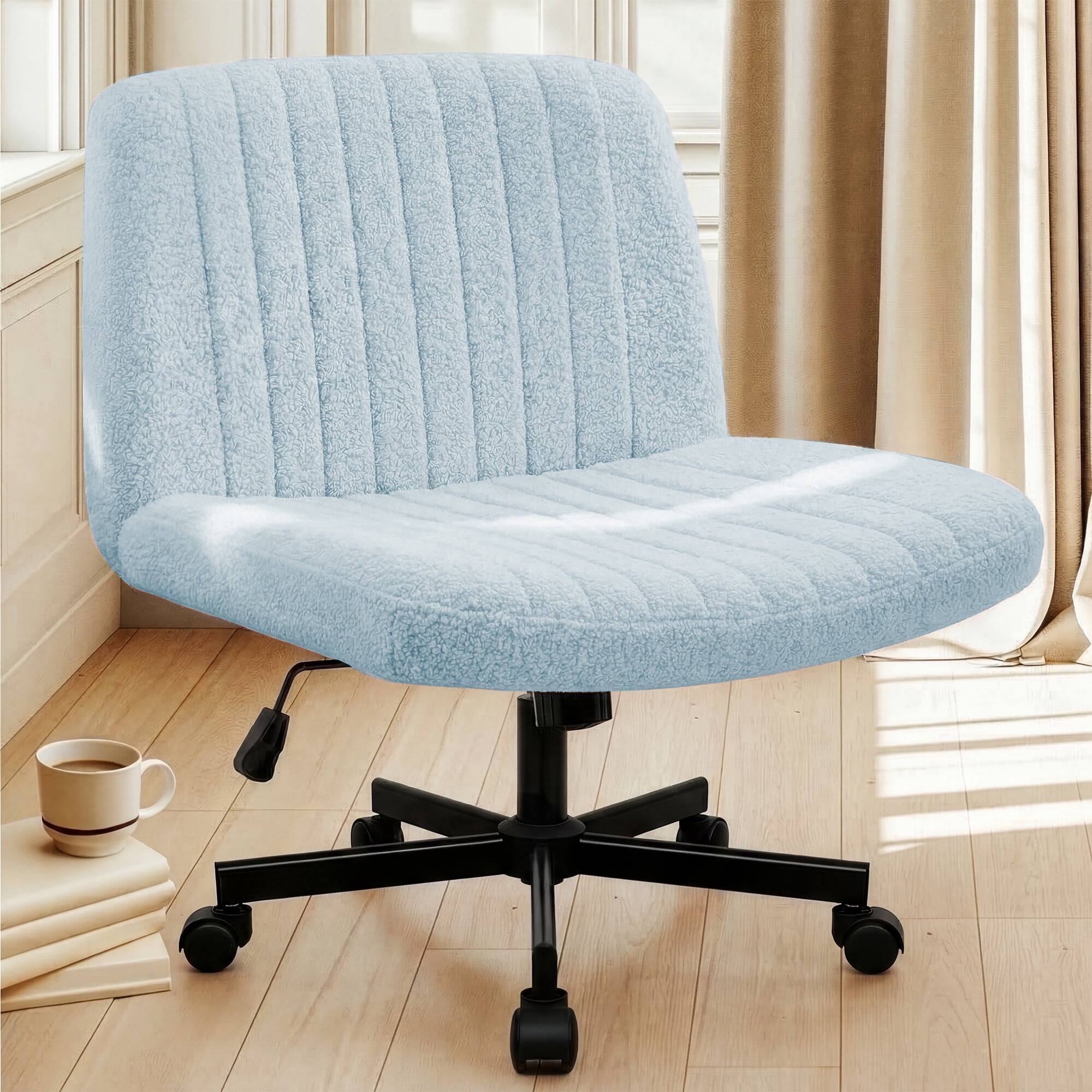 Alt View 3. Neo Chair - Criss Cross Chair with Wheels, Teddy Fabric Armless Office Chair, Ergonomic Wide Seat Computer Desk Chair - Teddy Fabric-Blue.