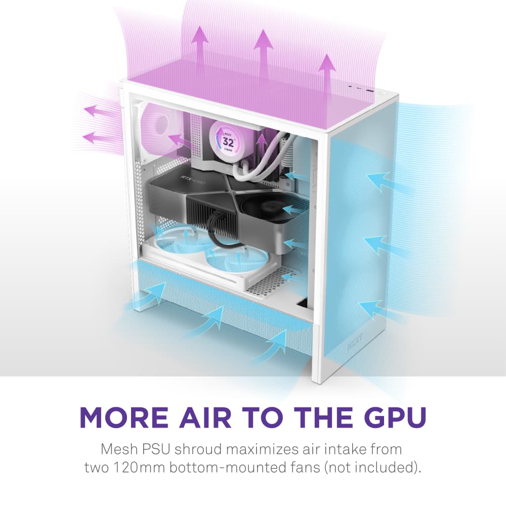 More Air to the GPU: Mesh PSU shroud maximizes air intake from two 120mm bottom-mounted fans (not included).