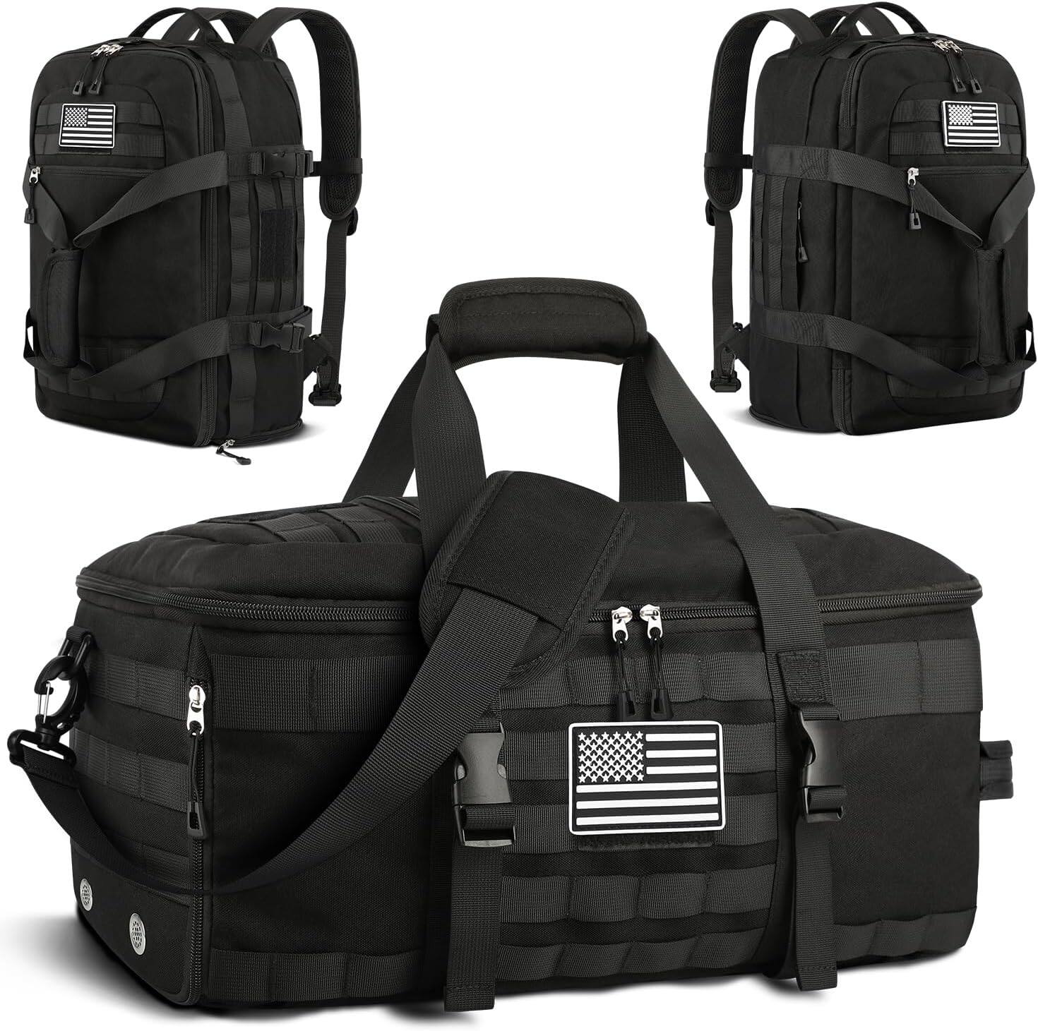 Front. Vulpecula Spade - Gym Bags for Men Women, Carry On Luggage 22x14x9 Airline Approved, Tactical Duffle Bag with Shoe Compartment - Black.