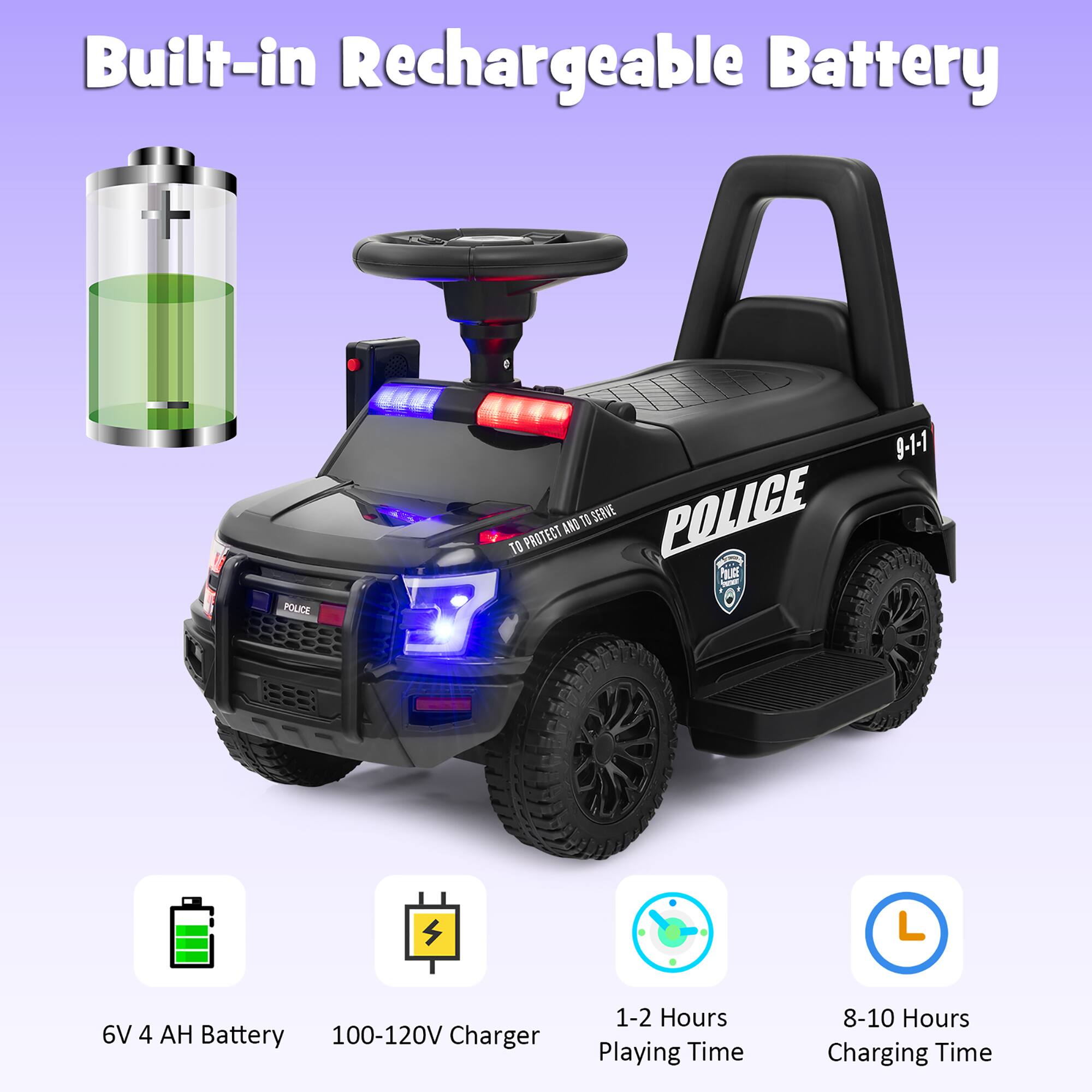 Built-in Rechargeable Battery

- 6V 4 AH Battery
- 100-120V Charger
- 1-2 Hours Playing Time
- 8-10 Hours Charging Time