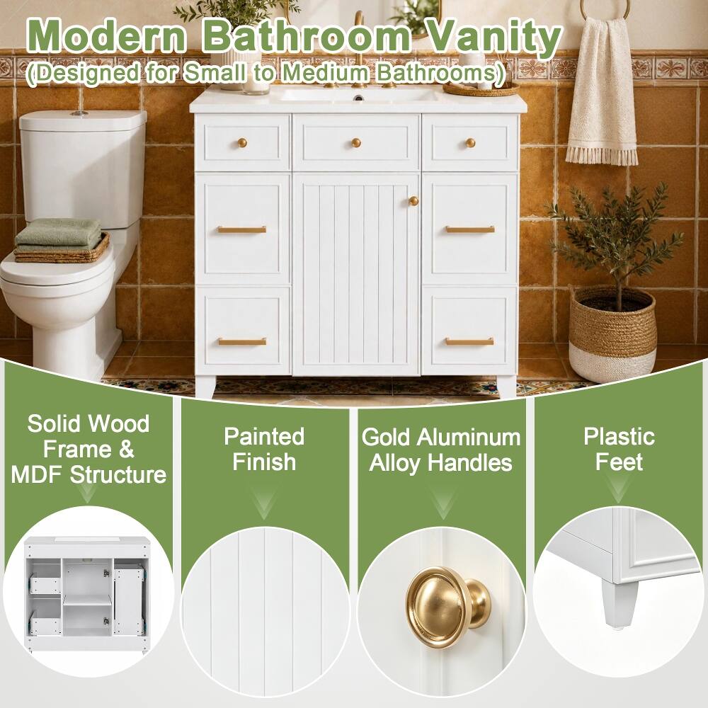 Modern Bathroom Vanity (Designed for Small to Medium Bathrooms)

- Solid Wood Frame & MDF Structure
- Painted Finish
- Gold Aluminum Alloy Handles
- Plastic Feet