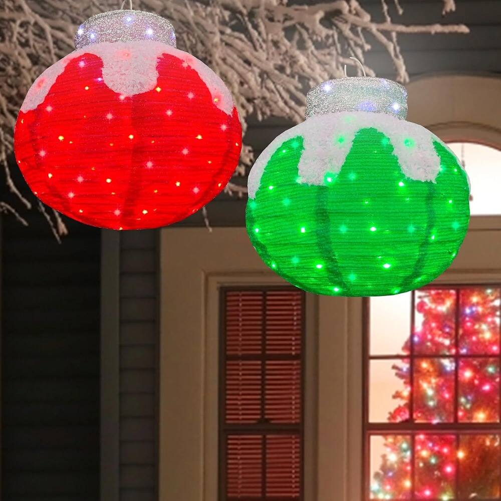 Angle. RTMB - 2-Pack Outdoor Lighted Christmas Balls, 160 Lights, Red/Green, Collapsible - color: Red Green Ornament Set Style: Red green orn.