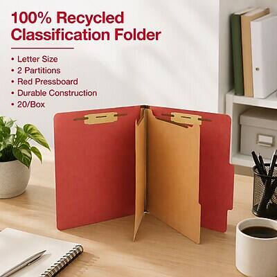 100% Recycled Classification Folder  
Letter Size  
2 Partitions  
Red Pressboard  
Durable Construction  
20/Box