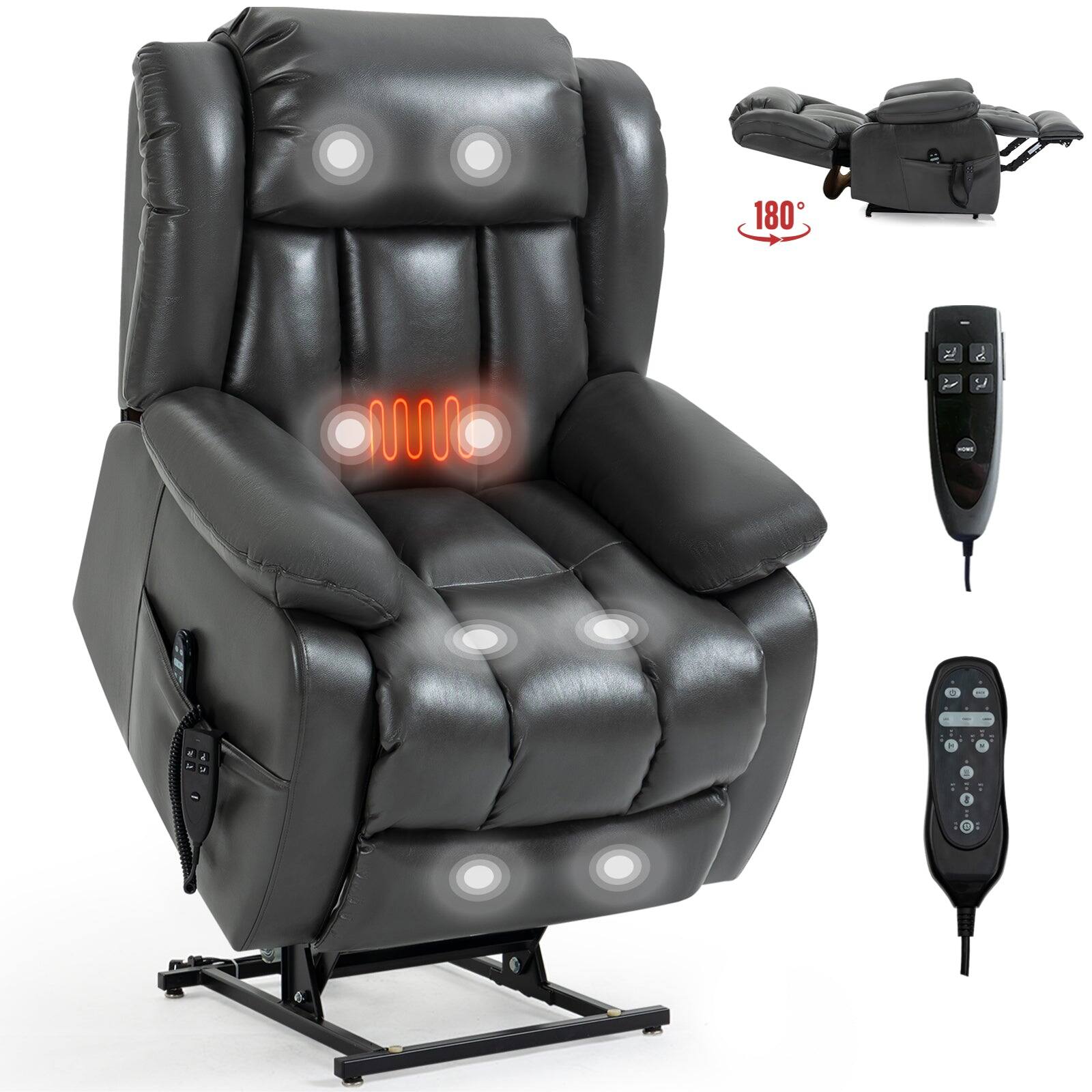 Boyel Living - Grey Leatheraire Power Lift Recliner Chair with 8 Point Vibration Massage and Lumbar Heating - Gray
