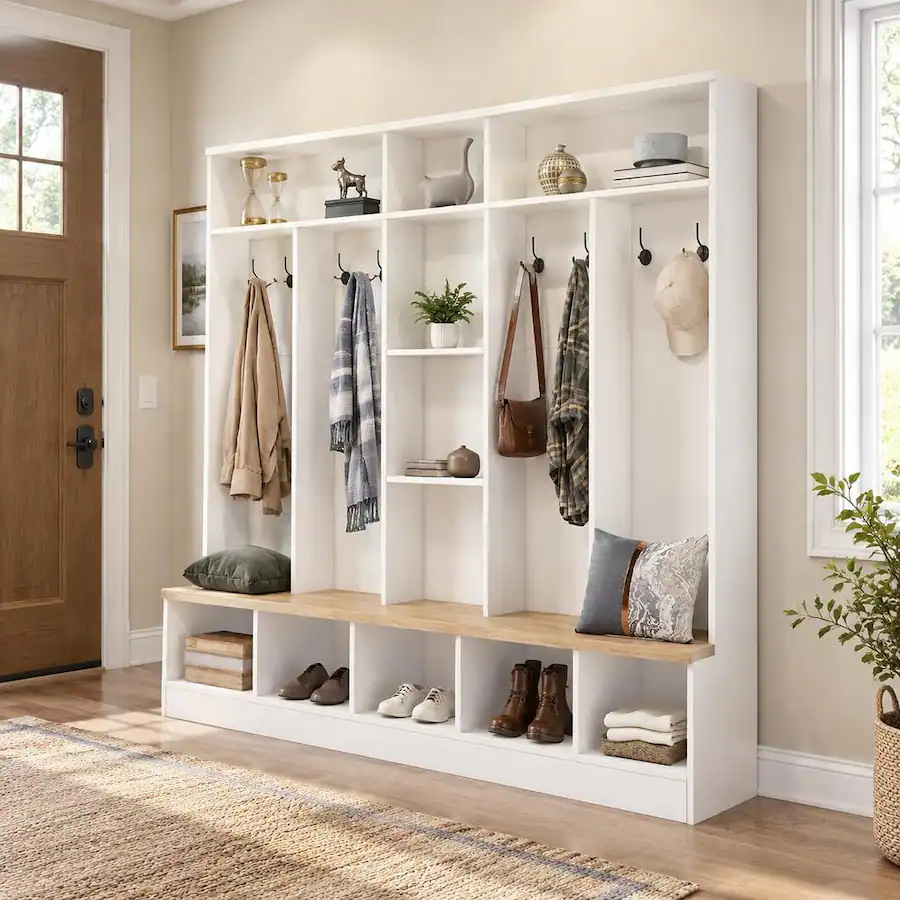 Angled Bench Frame RYHNUYNE ON TREND Wide Hall Tree, Entryway Storage Bench, 5 Cube ...