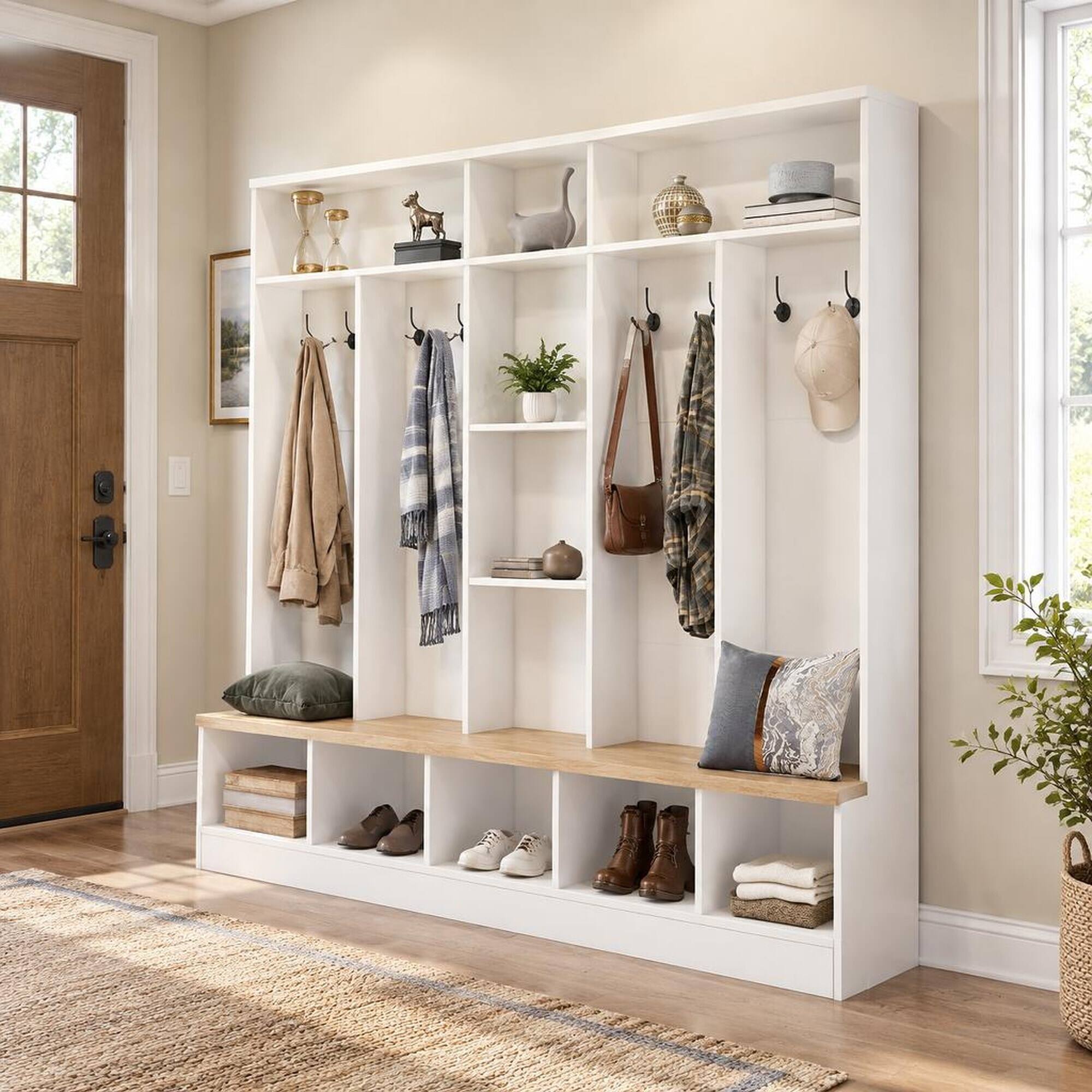 RYHNUYNE ON TREND Wide Hall Tree, Entryway Storage Bench, 5 Cube ...