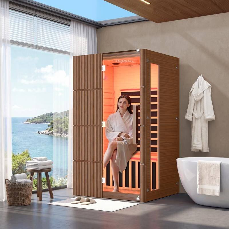 Angle. U-HOMY - Infrared Sauna with Red Light Therapy – Hemlock Build, Beauty Lamp & 15-Min Fast Warm-Up - Walnut.