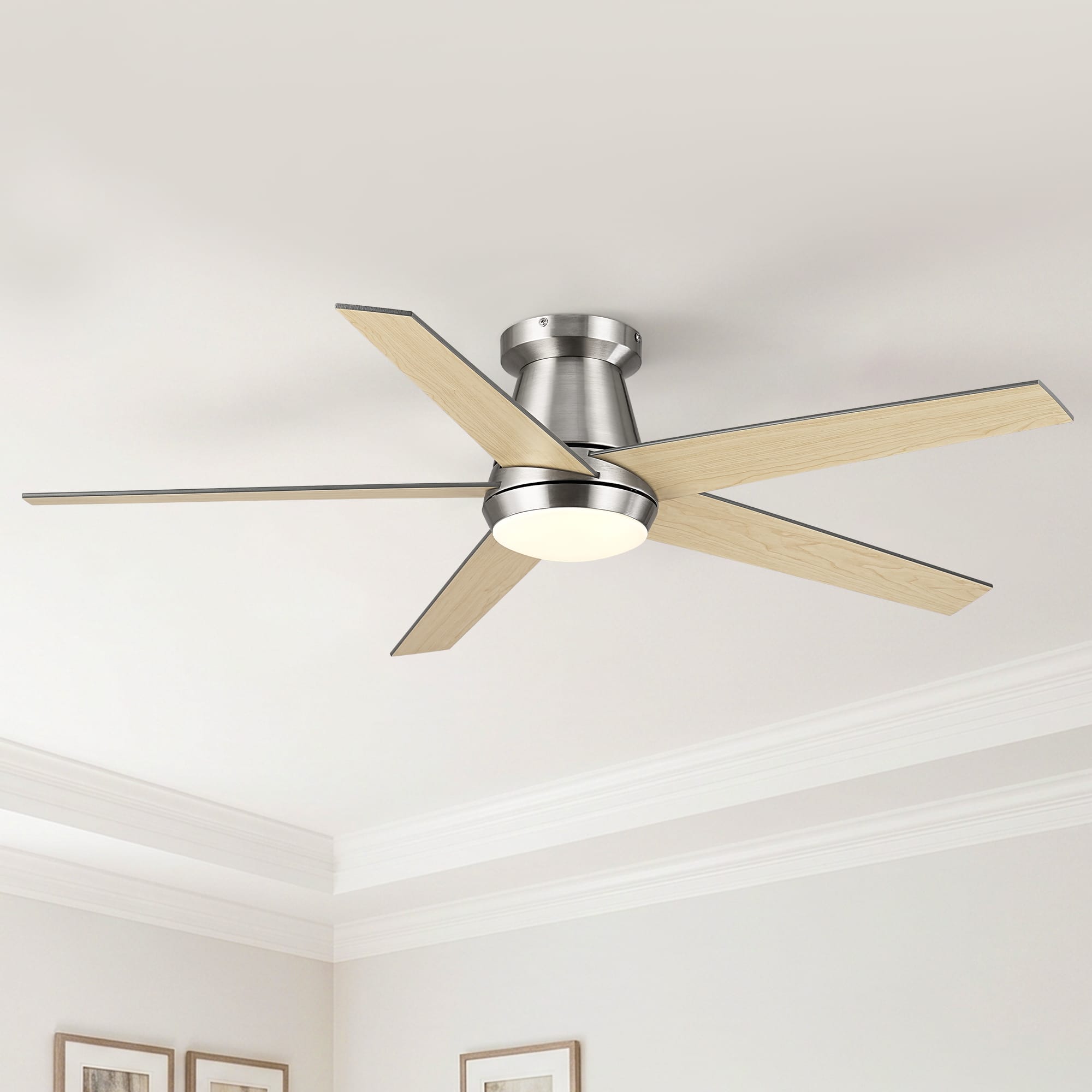 Vaczon - 52 Inch Modern Reversible Blades 3CCT Dimmable LED Smart Flush Mount Ceiling Fan with Light, Remote and App Control - Satin Nickel