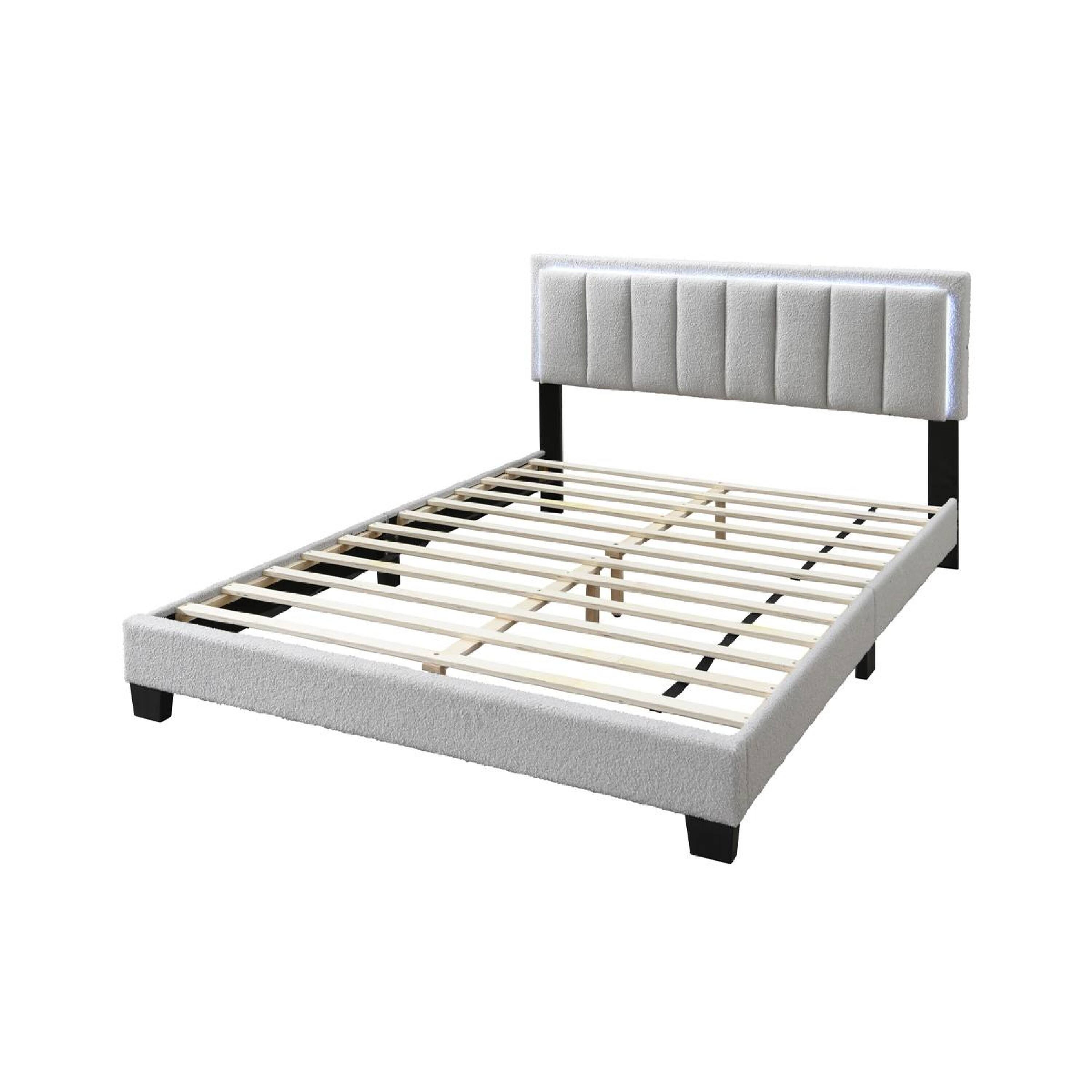 Alt View 1. Manhattan Lane - Zemo Queen Size Bed, LED Headboard, Tufted Light Gray Wool Upholstery - Light Gray, Black.
