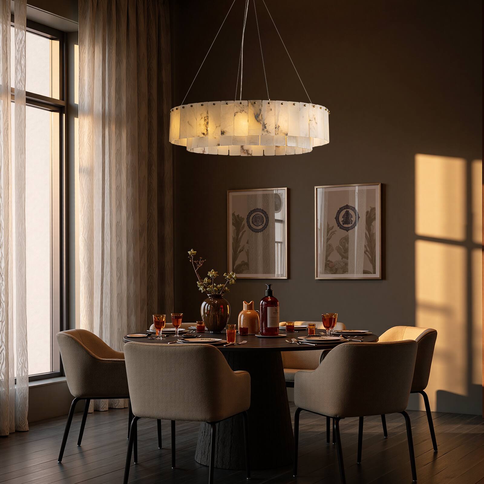Alt View 1. Siljoy - 32-In Gold Natural Alabaster Drum Chandelier 12-Light E12 Adjustable Height for Dining Room Living Room Bedroom Island - Gold.