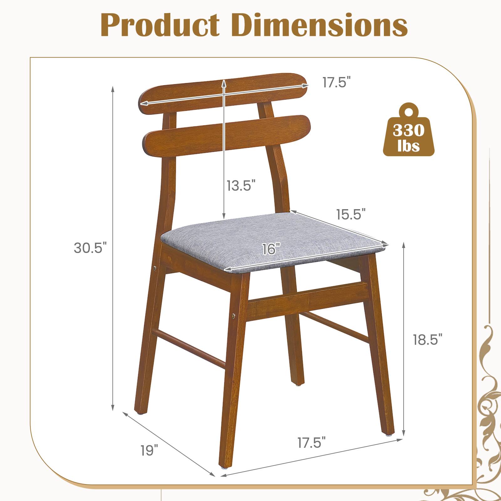 Product Dimensions
17.5"
330 lbs
13.5"
15.5"
30.5"
16"
18.5"
19"