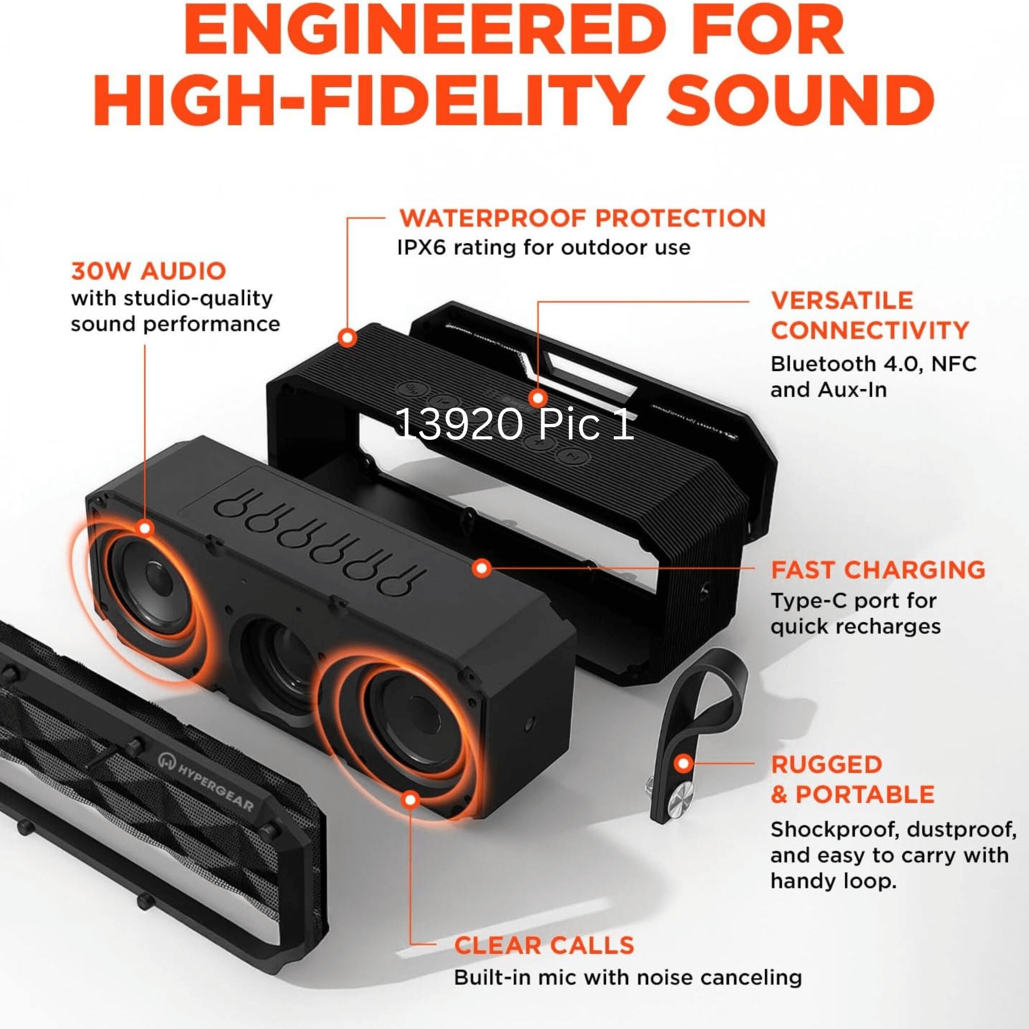 ENGINEERED FOR HIGH-FIDELITY SOUND

- 30W AUDIO with studio-quality sound performance
- WATERPROOF PROTECTION IPX6 rating for outdoor use
- VERSATILE CONNECTIVITY Bluetooth 4.0, NFC and Aux-In
- FAST CHARGING Type-C port for quick recharges
- RUGGED & PORTABLE Shockproof, dustproof, and easy to carry with handy loop
- CLEAR CALLS Built-in mic with noise canceling