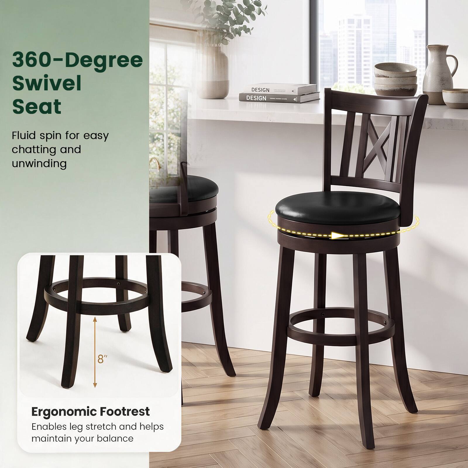 360-Degree Swivel Seat

Fluid spin for easy chatting and unwinding

8"

Ergonomic Footrest

Enables leg stretch and helps maintain your balance