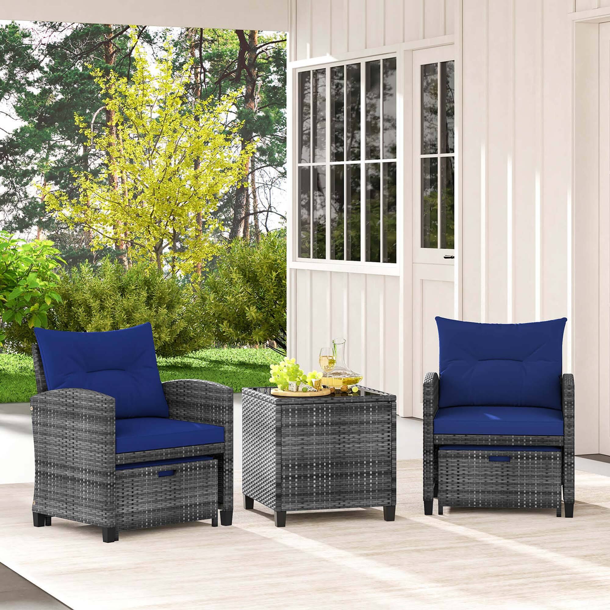 Alt View 3. Costway - 5 Piece Patio Rattan Furniture with 2 Ottomans & Tempered Glass Coffee Table - Navy + Mix Grey.