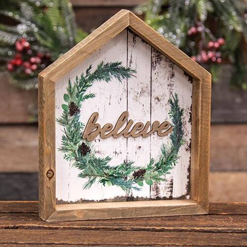 Angle. BreeBe - *Believe Christmas Wreath House Shadowbox Sign - Multicolor.