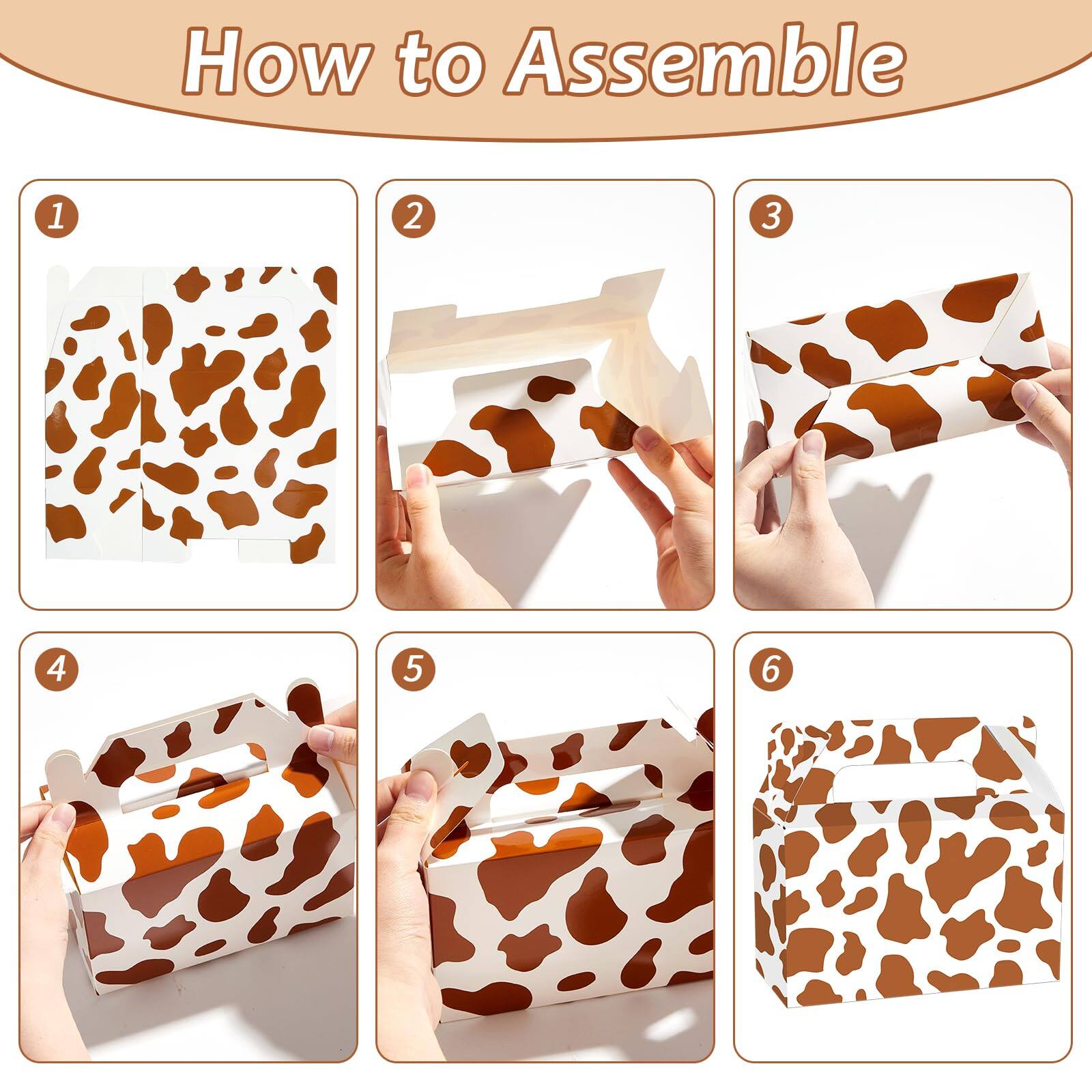 How to Assemble

1. [Image of a flat, folded paper with a brown and white pattern]

2. [Image of hands unfolding the paper to form a box shape]

3. [Image of hands folding the sides of the box]

4. [Image of hands folding the bottom of the box]

5. [Image of hands folding the top flaps of the box]

6. [Image of the completed box with a handle]