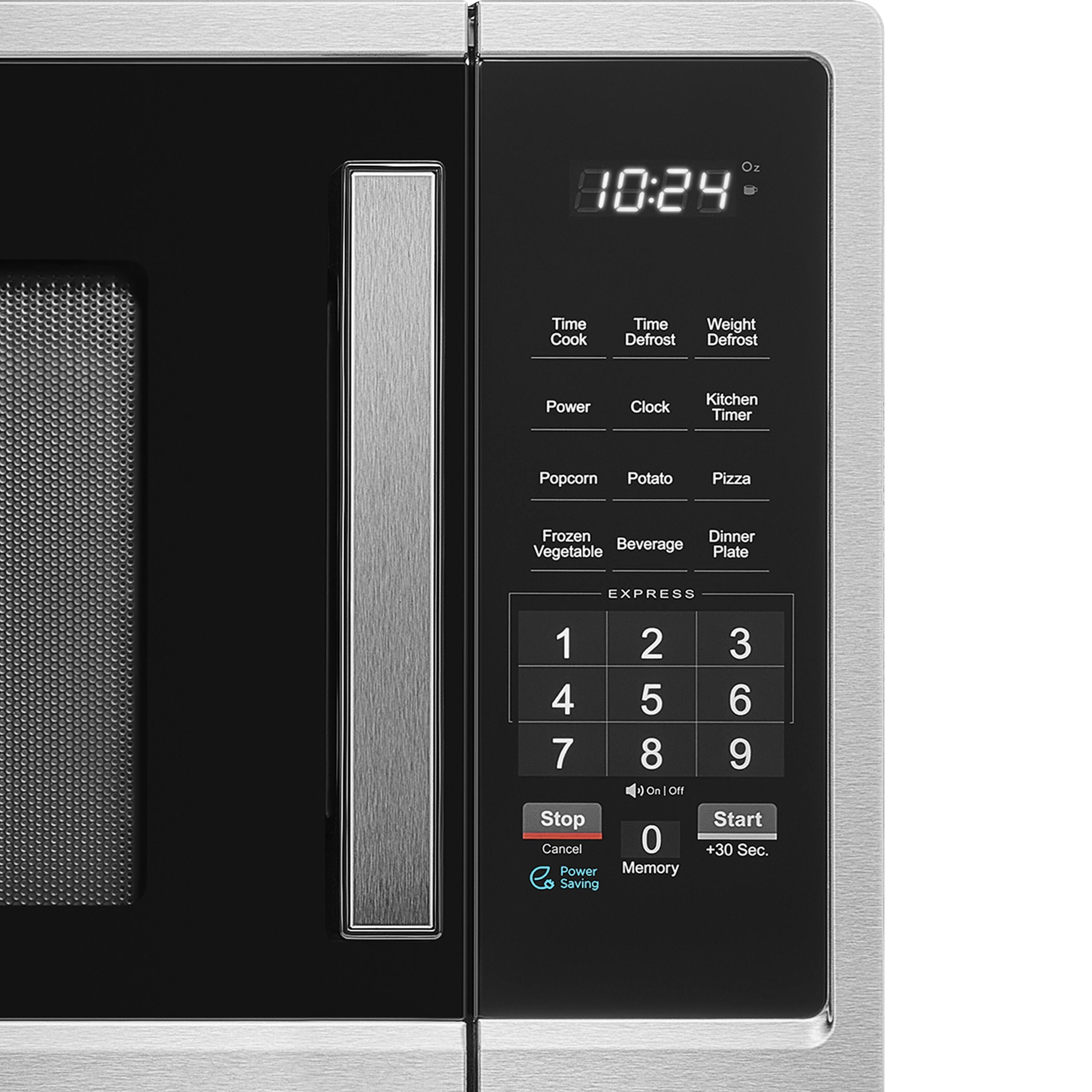 - 10:24 Time Cook Time Defrost Weight Defrost Power Clock Kitchen Timer Popcorn Potato Pizza Frozen Dinner Vegetable Beverage Plate EXPRESS 1 2 3 4 5 6 7 8 9 Stop Cancel 0 Power Memory Saving Start +30 Sec.