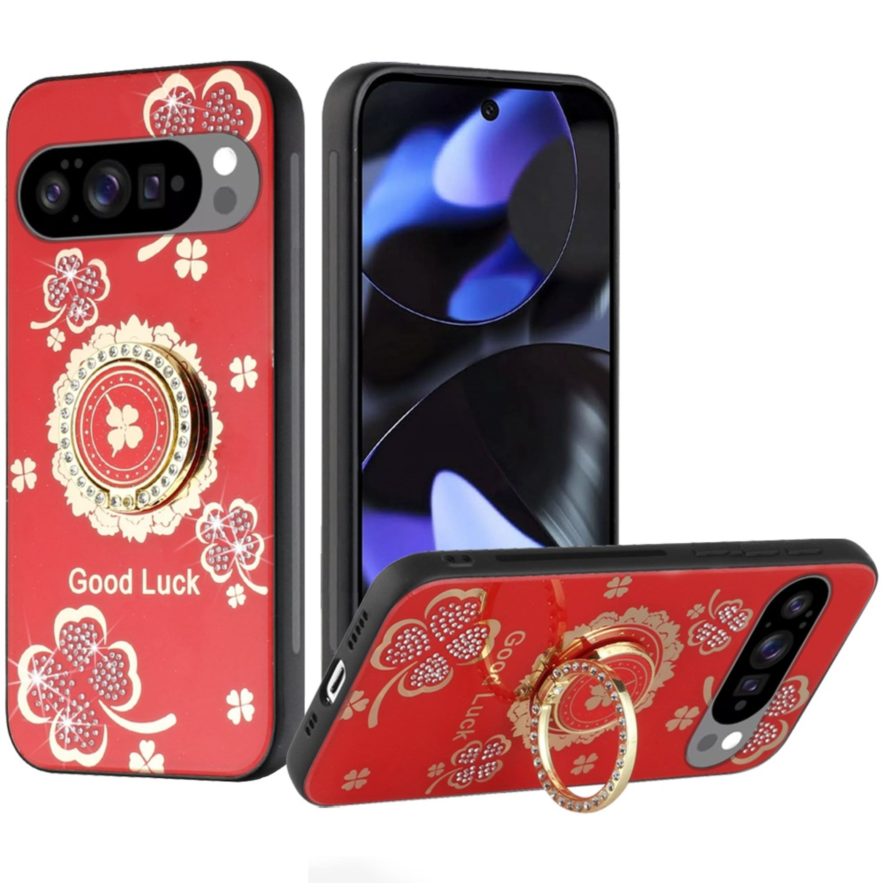 Kitcheniva - Luxury Rhinestone Bling Case With Tempered Glass For Google Pixel 10 / 10 Pro Good Luck Floral Red - Multicolor price history on PriceWatchPro