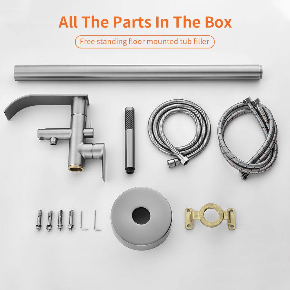 All The Parts In The Box  
Free standing floor mounted tub filler