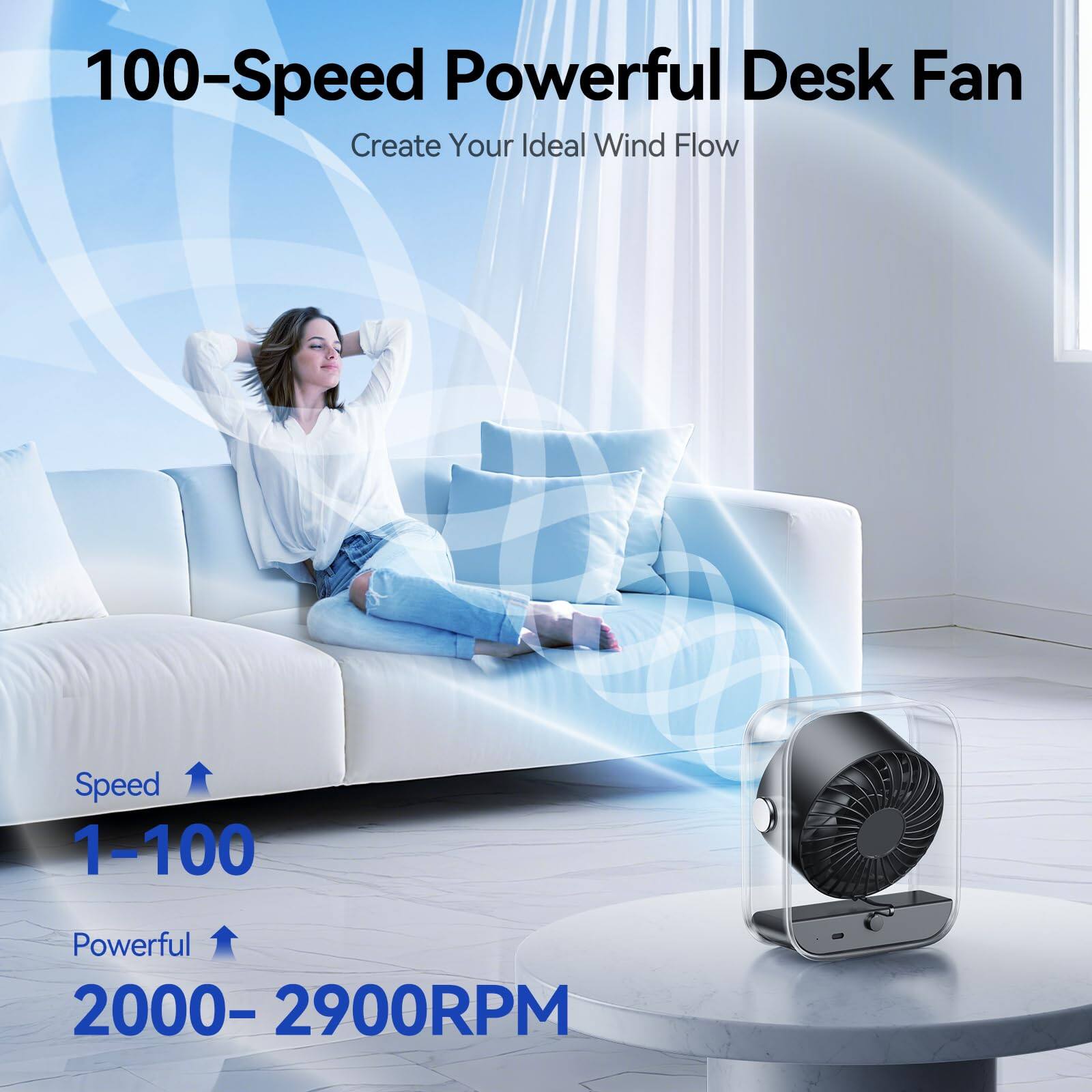 100-Speed Powerful Desk Fan  
Create Your Ideal Wind Flow  

Speed: 1-100  
Powerful: 2000-2900RPM