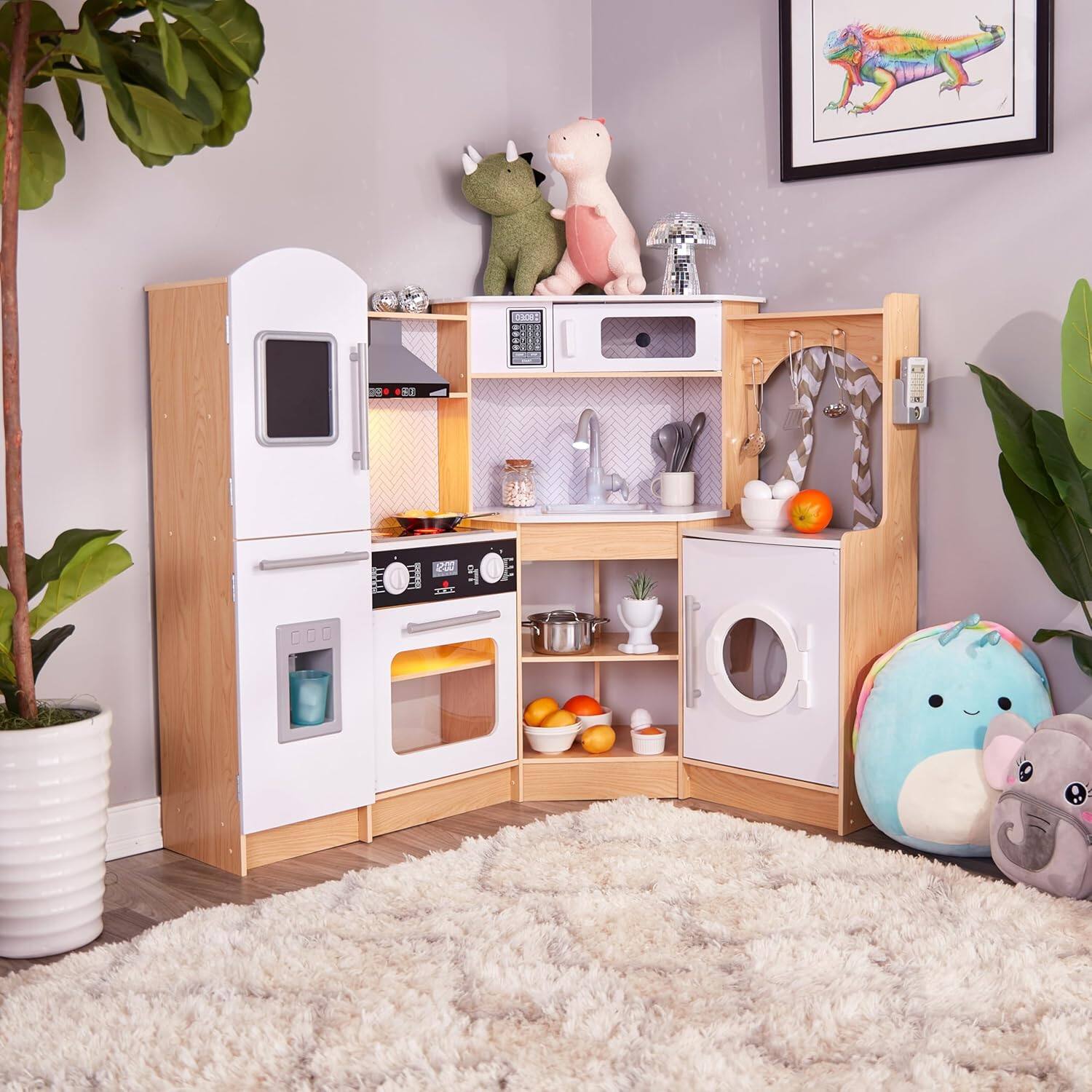 Alt View 8. Lil' Jumbl - Corner Kids Kitchen Playset, Pretend Kids Wooden Kitchen with Stovetop, Faucet & More - Natural.