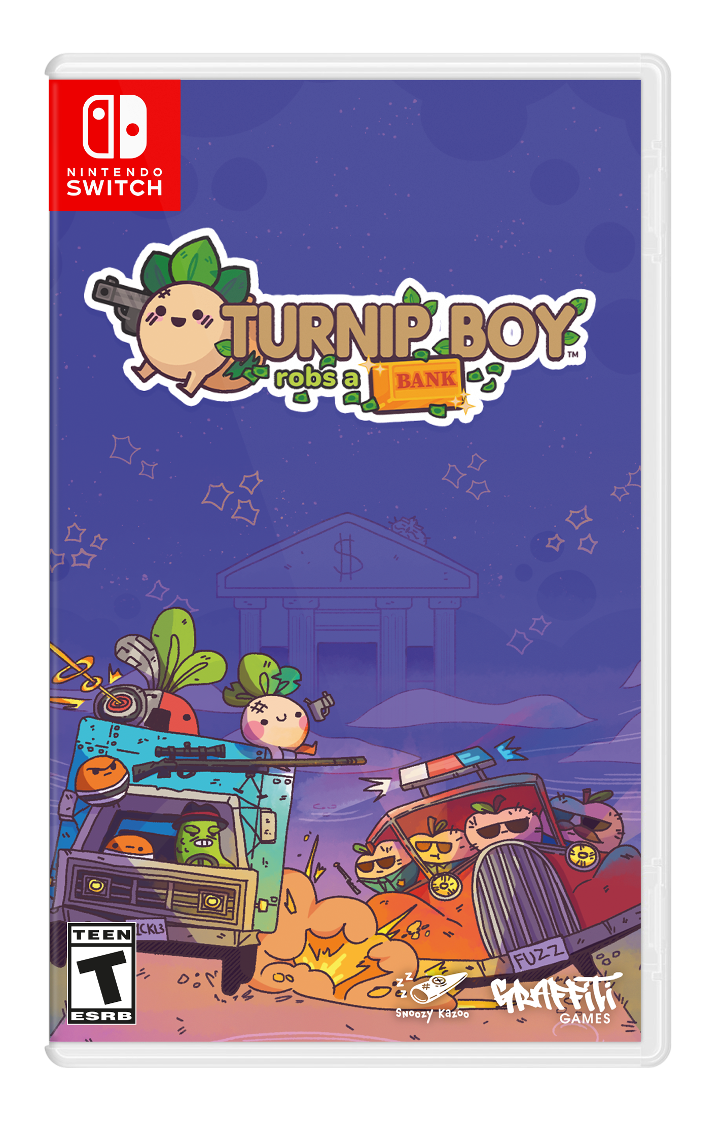 The corrected text is:
"Nintendo Switch Turnip Boy™ Robs a Bank 1 CKL3 Teen ESRB Fuzz Z Z Snoozy Kazoo Caffeine Games"