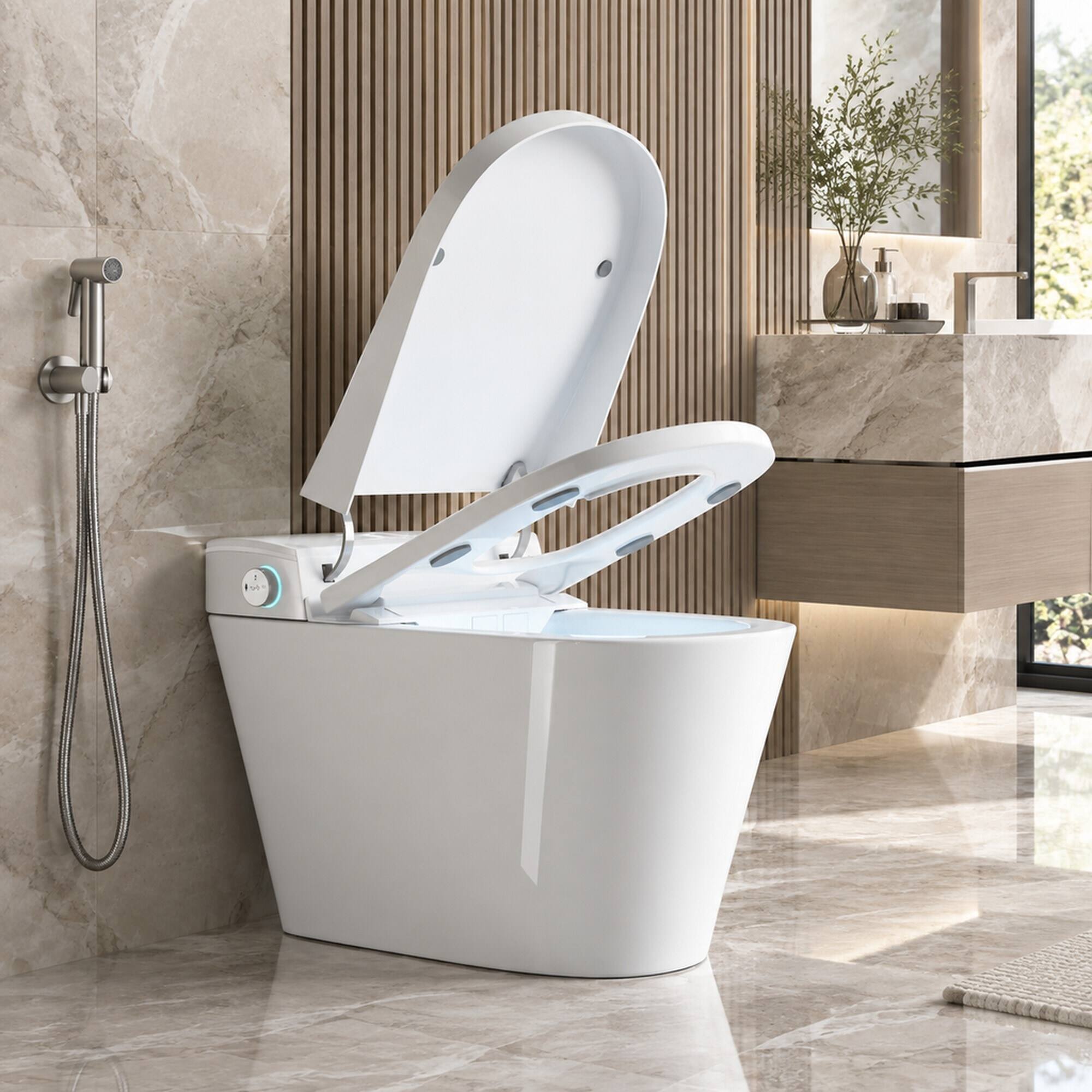 Angle. RYHNUYNE - Unique One Piece Smart Bidet Toilet, Auto Open Close Seat Warm Water Dryer For Modern Bathroom In Bright White - White.