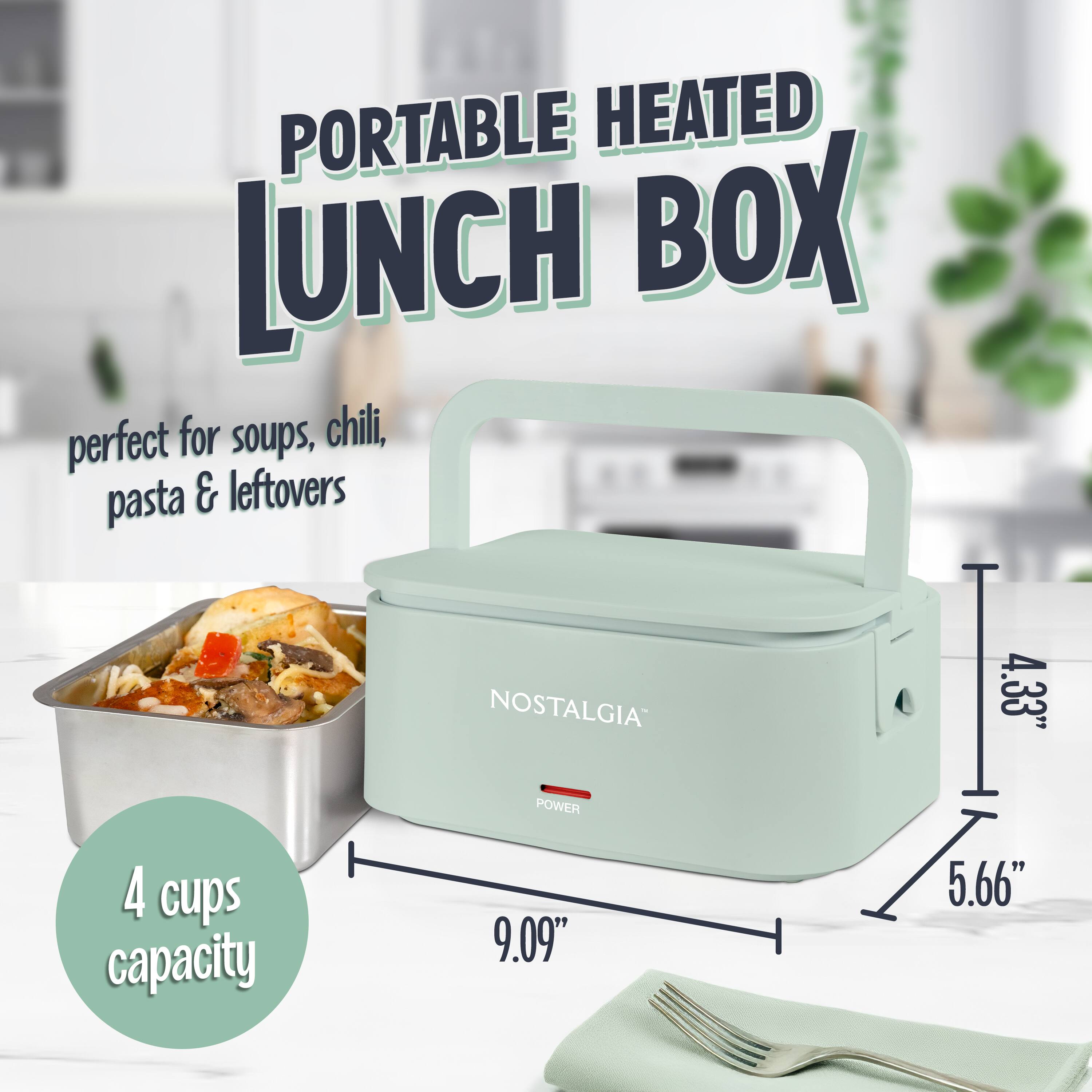PORTABLE HEATED LUNCH BOX  
perfect for soups, chili, pasta & leftovers  
NOSTALGIA  
4 cups capacity  
9.09" x 5.66" x 4.33"