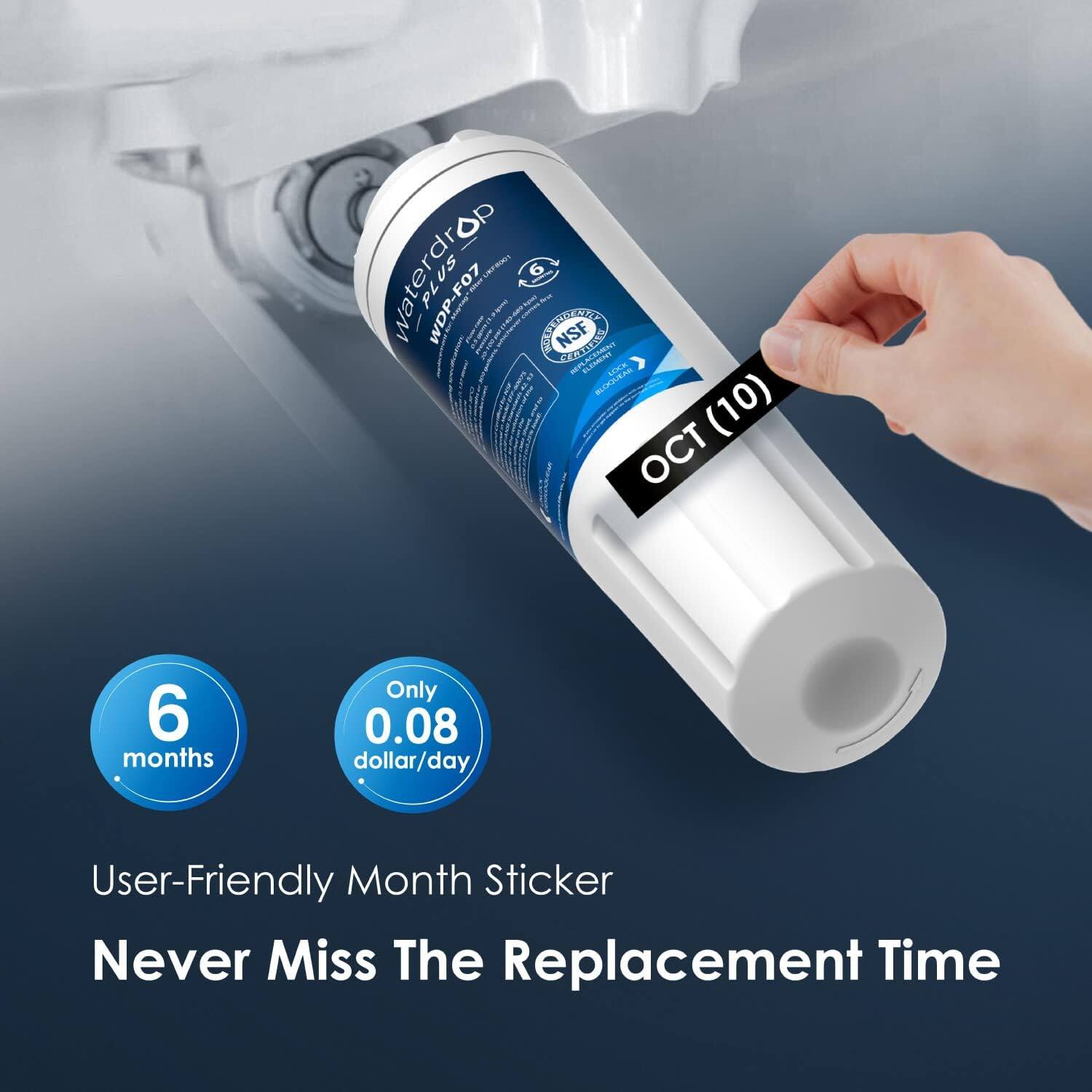 Waterdrop WDP-FO7 NSF CERTIFIED LEANIT MOCK BLCOA (10) OCT 6 months Only 0.08 dollar/day User-Friendly Month Sticker Never Miss The Replacement Time