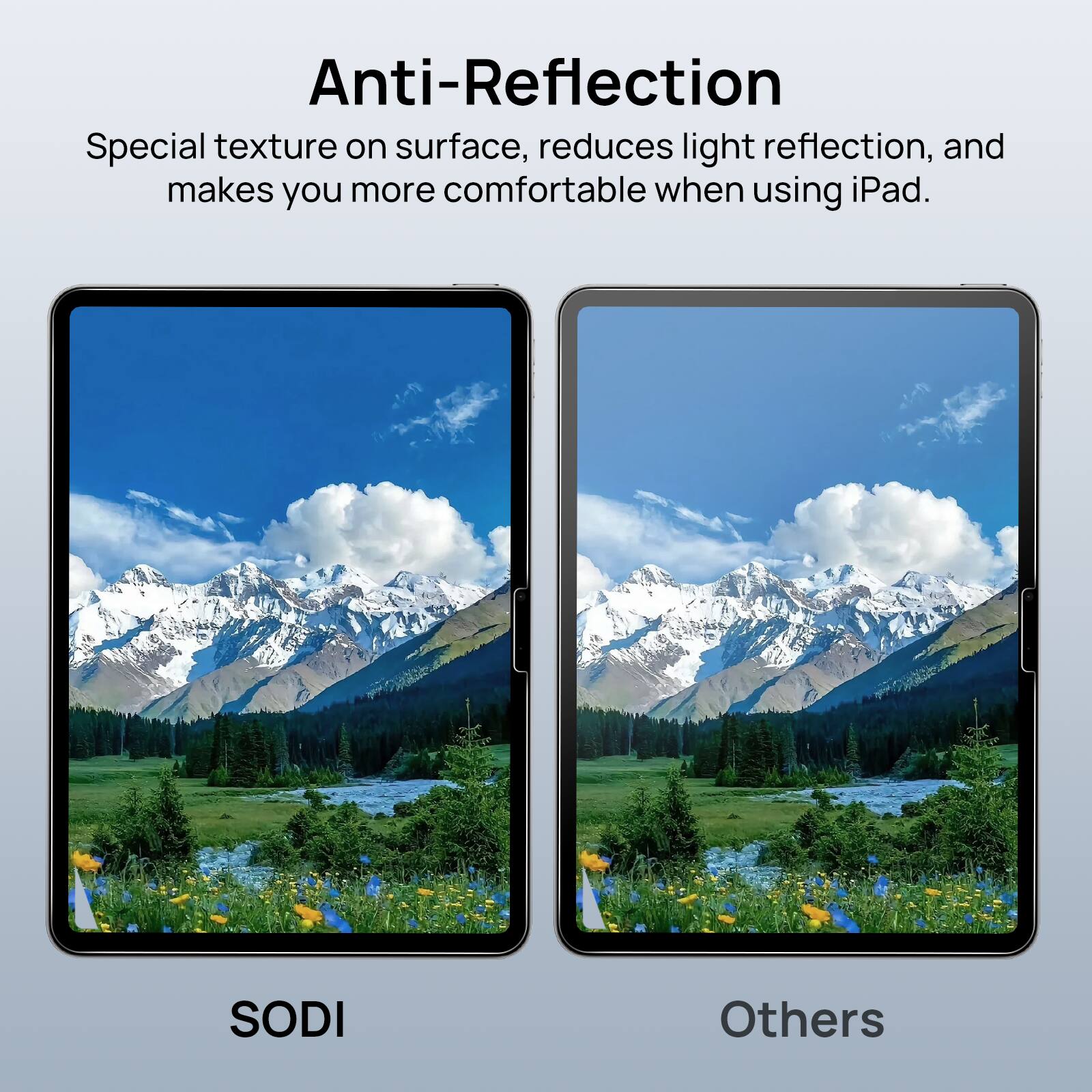 The text on the image is grouped and corrected as follows:

Anti-Reflection: Special texture on surface, reduces light reflection, and makes you more comfortable when using iPad.
SODI: Others