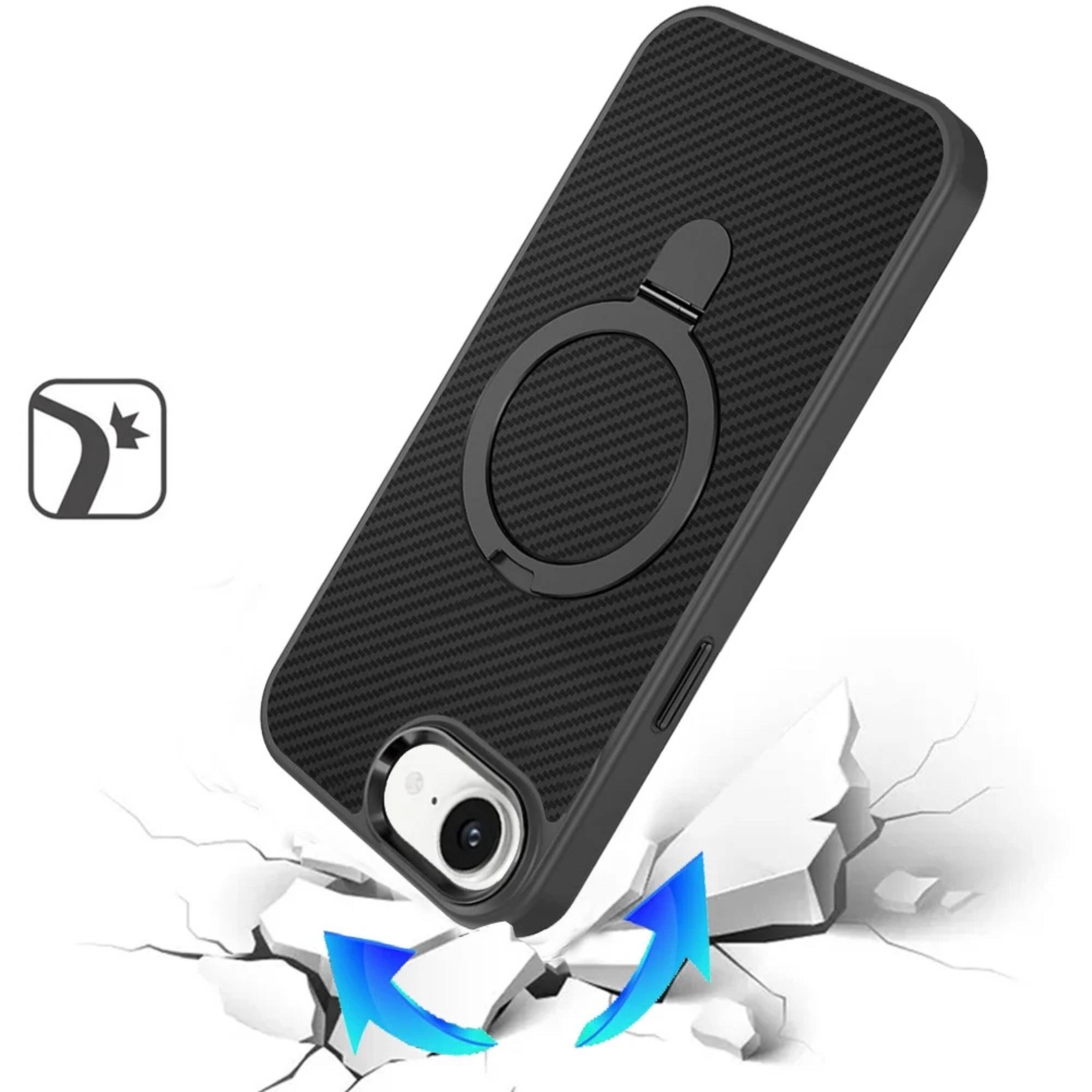 Left. Kitcheniva - Carbon Fiber Print Metal Ring Stand Rugged Phone Case With Tempered Glass For iPhone 16e 17e Brown - Brown.