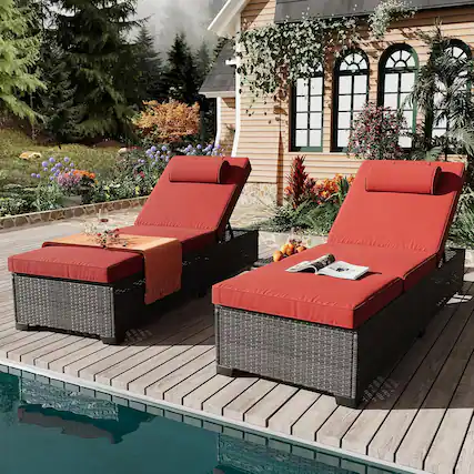 Front. Acekool - Patio Rattan Wicker Chaise Lounge Chair Set of 2, Adjustable Reclining Pool Loungers with Side Table, Red - Red.