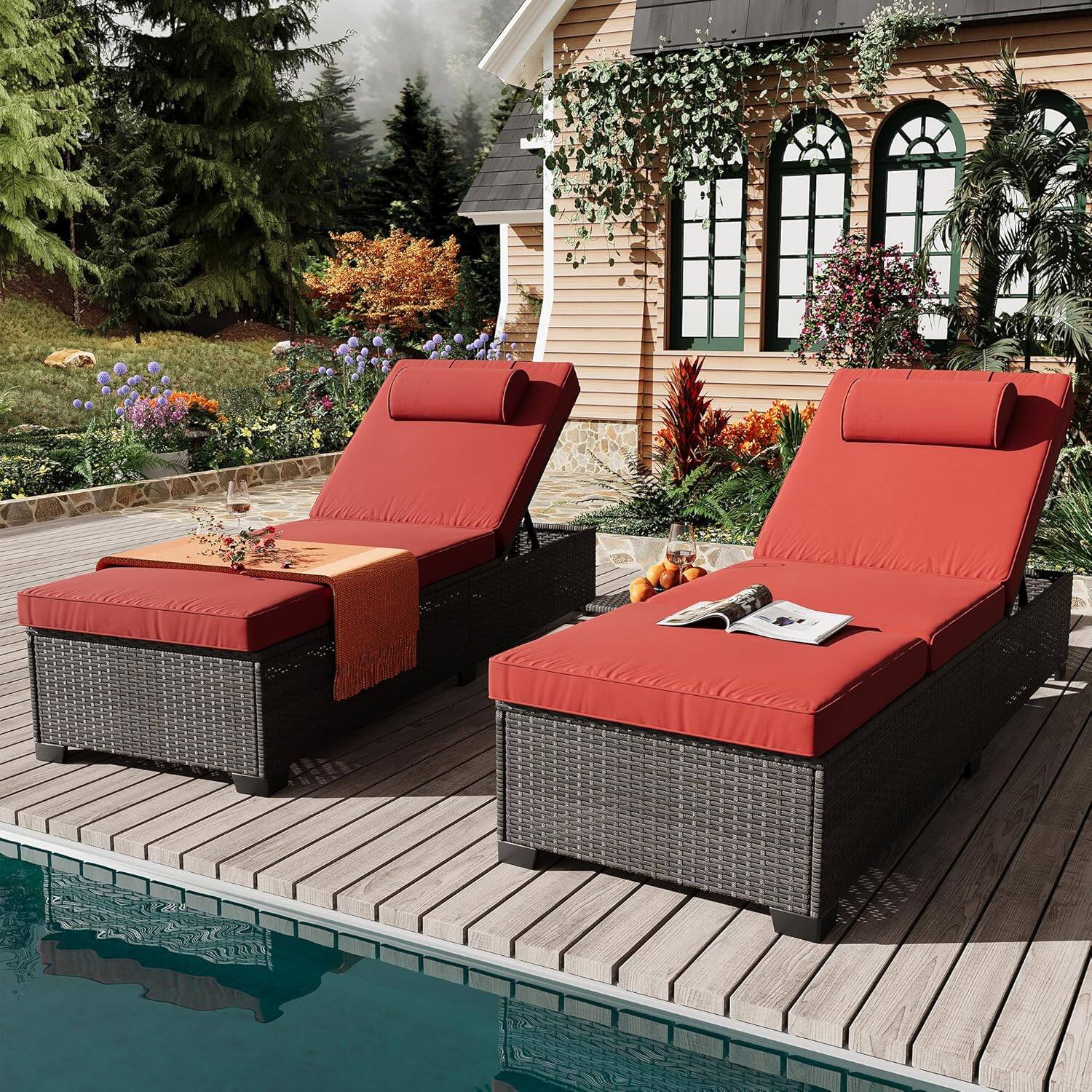 Front. Acekool - Patio Rattan Wicker Chaise Lounge Chair Set of 2, Adjustable Reclining Pool Loungers with Side Table, Red - Red.