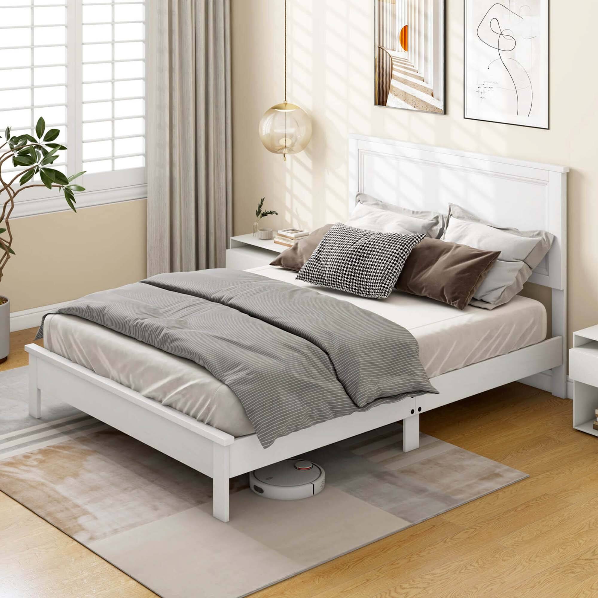 Alt View 3. Costway - Costway Full Size Bed Frame Platform Slat High Headboard Bedroom Rubber Wood Leg - White.