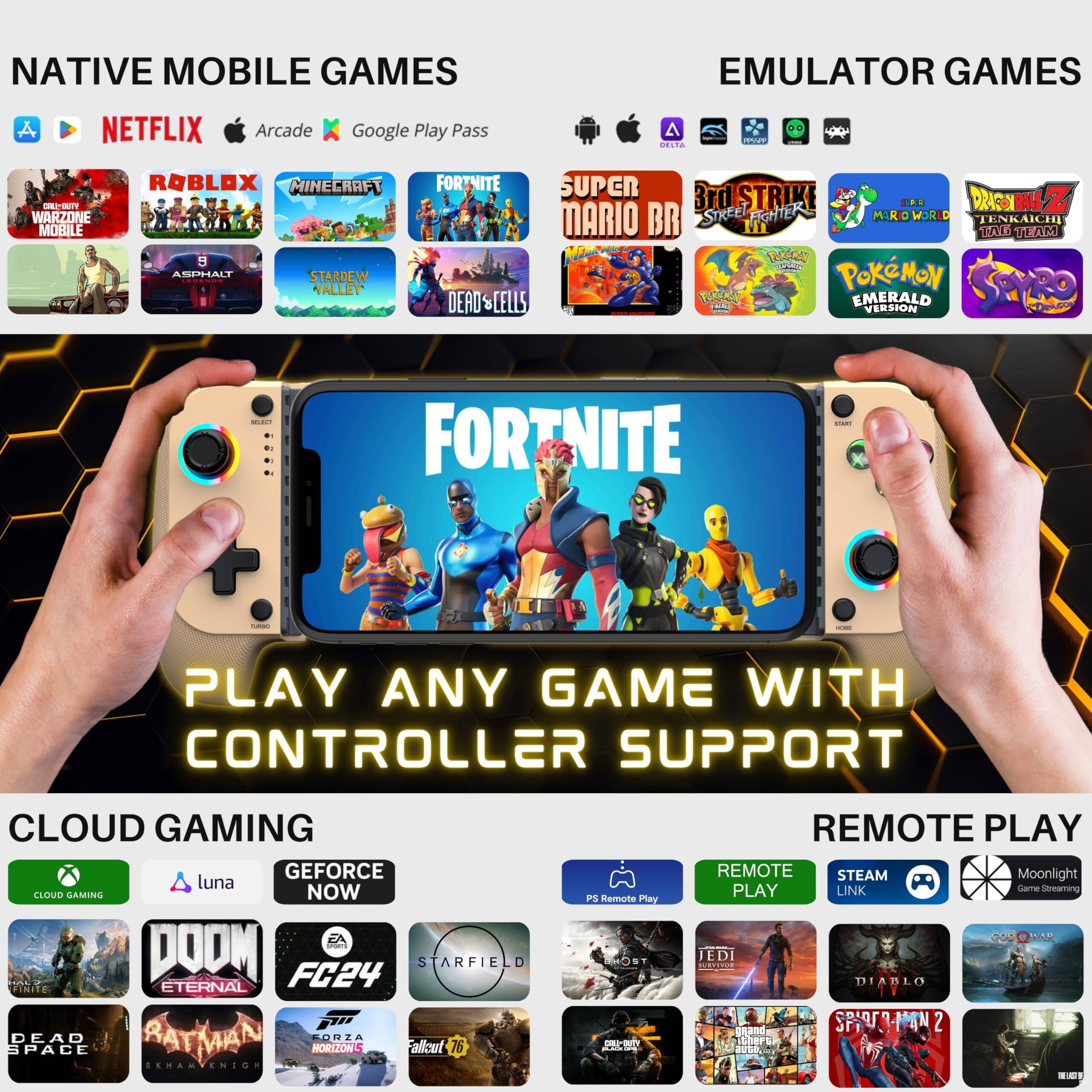 **Native Mobile Games:**
- Netflix
- Arcade
- Google Play Pass
- Call of Duty: Warzone Mobile
- Roblox
- Minecraft
- Fortnite
- Dead Cells
- Asphalt 9
- Stardew Valley
- Super Mario Bros.
- 3rd Strike: Street Fighter II
- Dragon Ball Z: Tenkaichi Tag Team
- Pokemon Emerald Version

**Emulator Games:**
- Super Mario Bros.
- 3rd Strike: Street Fighter II
- Mario World
- Dragon Ball Z: Tenkaichi Tag Team
- Pokemon Emerald Version

**Cloud Gaming:**
- Xbox Cloud Gaming
- Luna
- GeForce Now
- Doom Eternal
- F1 24
- Starfield
- Dead Space
- Horizon Zero Dawn
- Fallout 76

**Remote Play:**
- PS Remote Play
- Remote Play
- Steam Link
- Moonlight (GeForce Experience)
- Jedi: Fallen Order
- Diablo
- Spider-Man 2