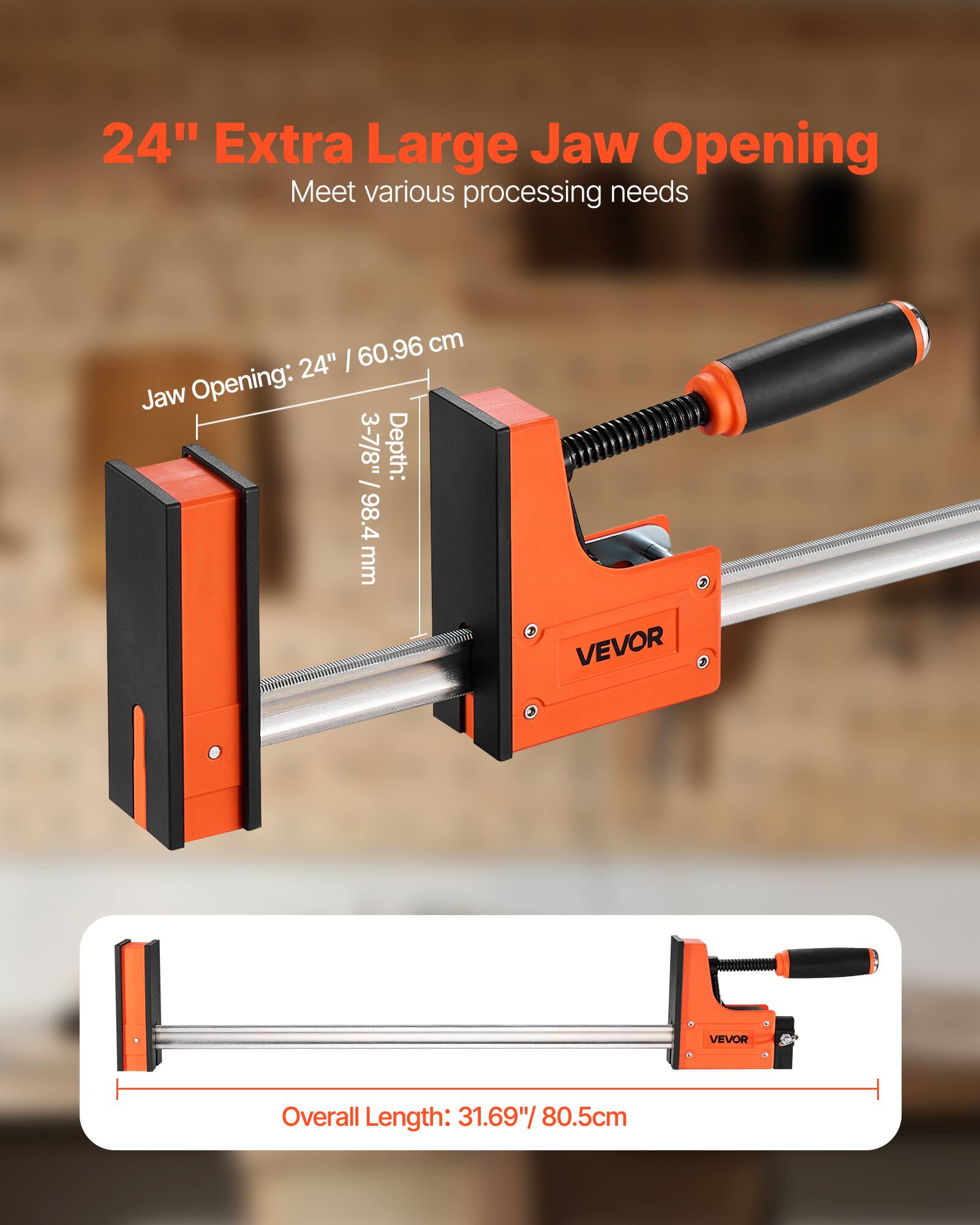 24" Extra Large Jaw Opening  
Meet various processing needs  

Jaw Opening: 24" / 60.96 cm  
Depth: 3-7/8" / 98.4 mm  

Overall Length: 31.69" / 80.5 cm