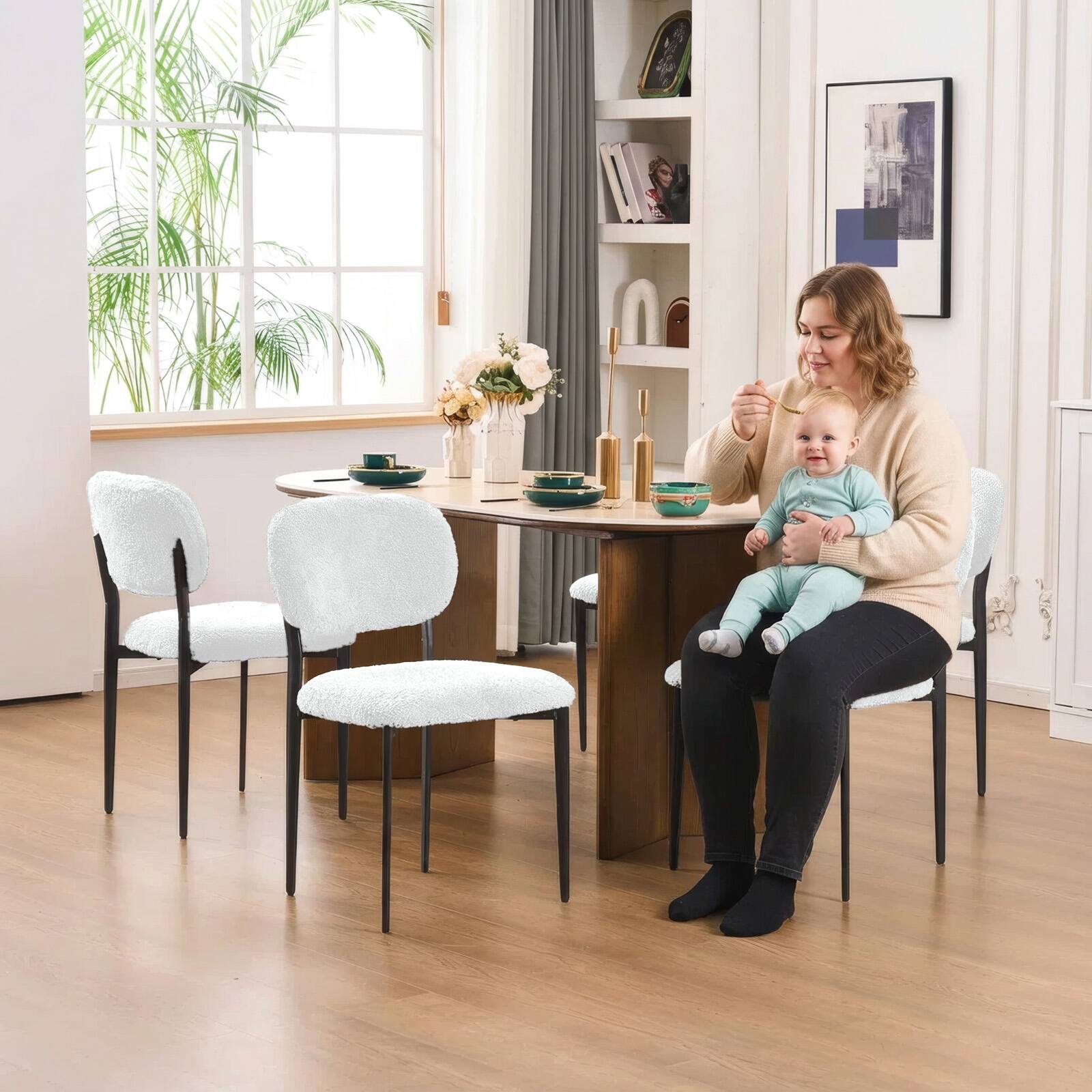 Angle. FERPIT - FERPIT Upholstered Dining Chairs Metal Legs, Sherpa Fabric Dining Chair Set with Backrest Dining Room Living Room, White - White.