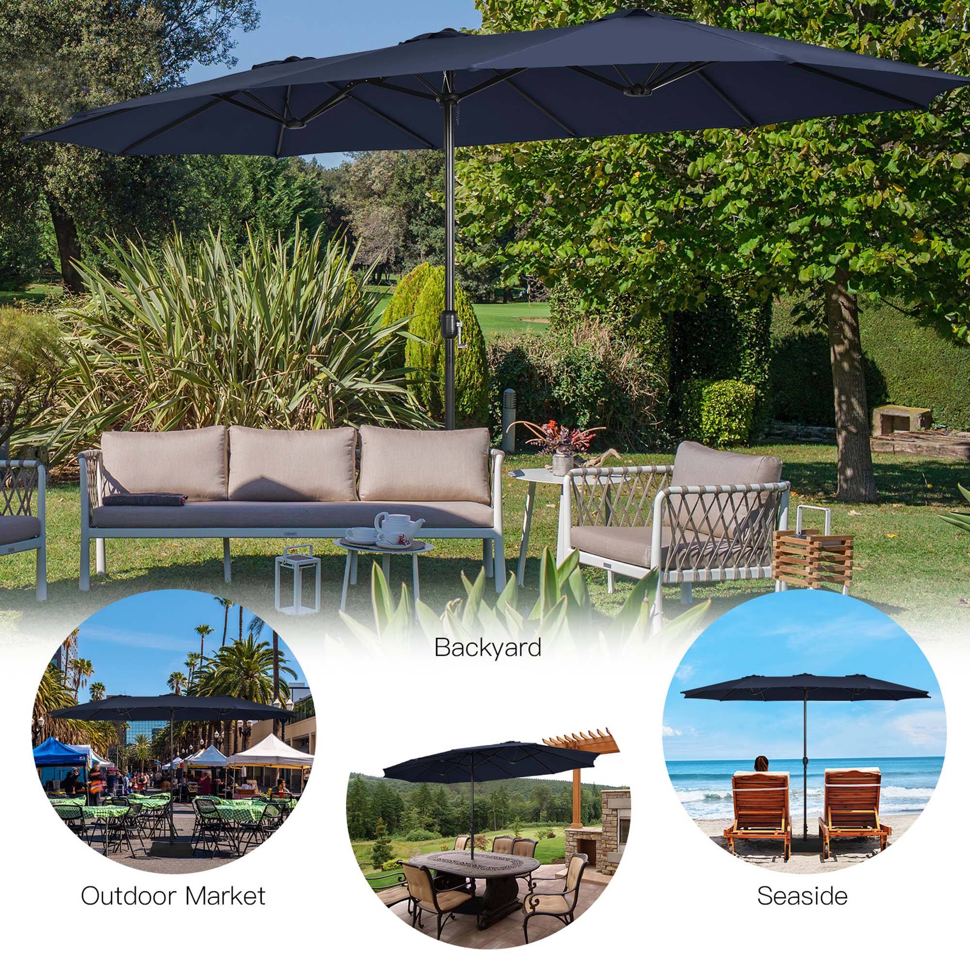 The image depicts a backyard with a patio set up, featuring a large umbrella providing shade for a dining table and chairs. The backyard also has a patio umbrella, a lawn umbrella, and a beach umbrella, creating a comfortable outdoor space for relaxation and entertainment. The scene is set in a backyard with a patio and a lawn, giving the impression of a cozy and inviting atmosphere.