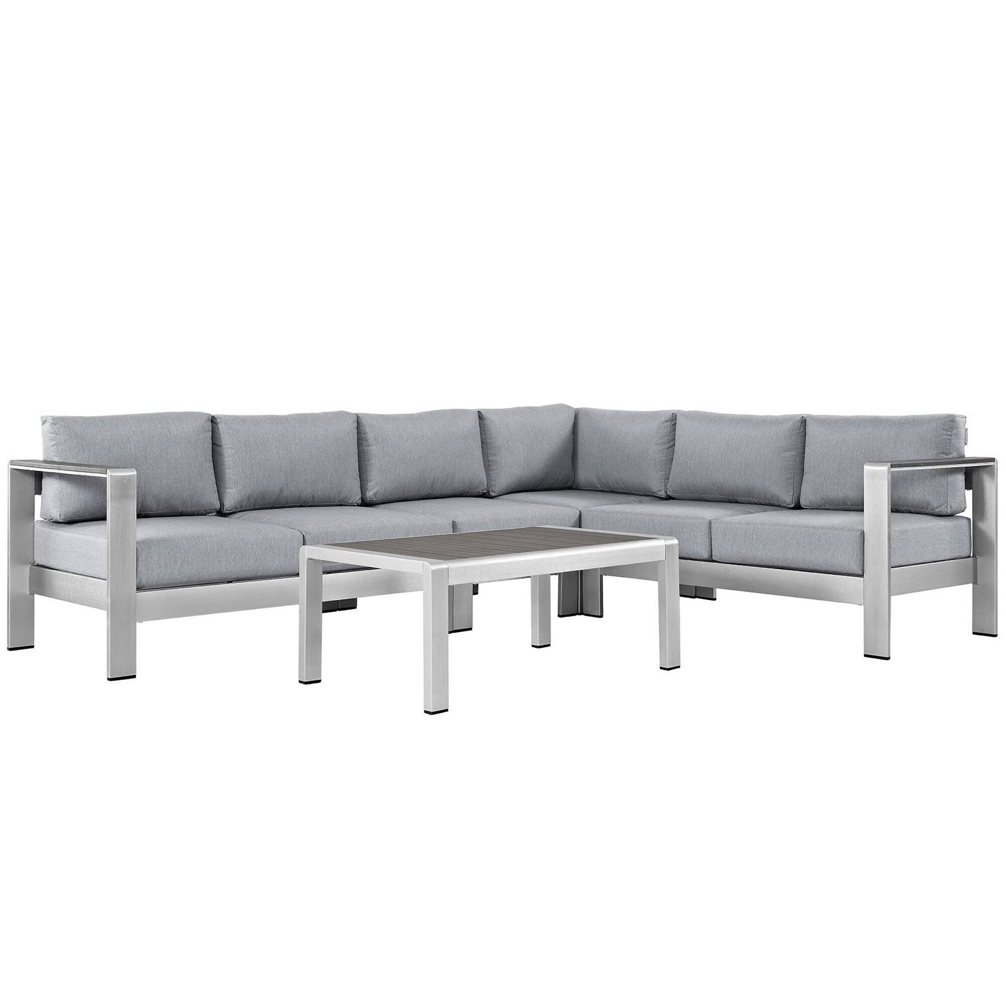Front. Modway - Shore 5-Piece Outdoor Sectional Sofa Set - Aluminum Frame, All-Weather Cushions, Machine-Washable Covers - Silver Gray.