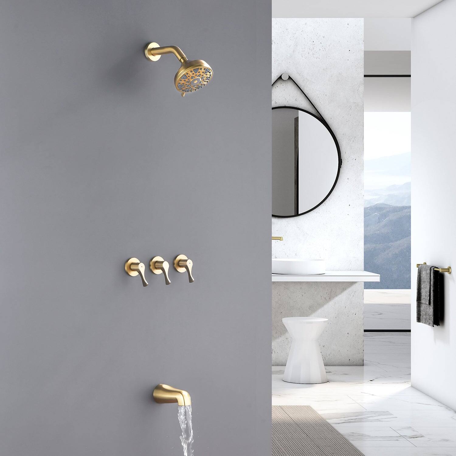 Alt View 4. Boyel Living - Brushed Gold Shower Set with 6 Function ABS Overhead Shower Three Handle Control and High Flow Tub Spout - Brushed Gold.