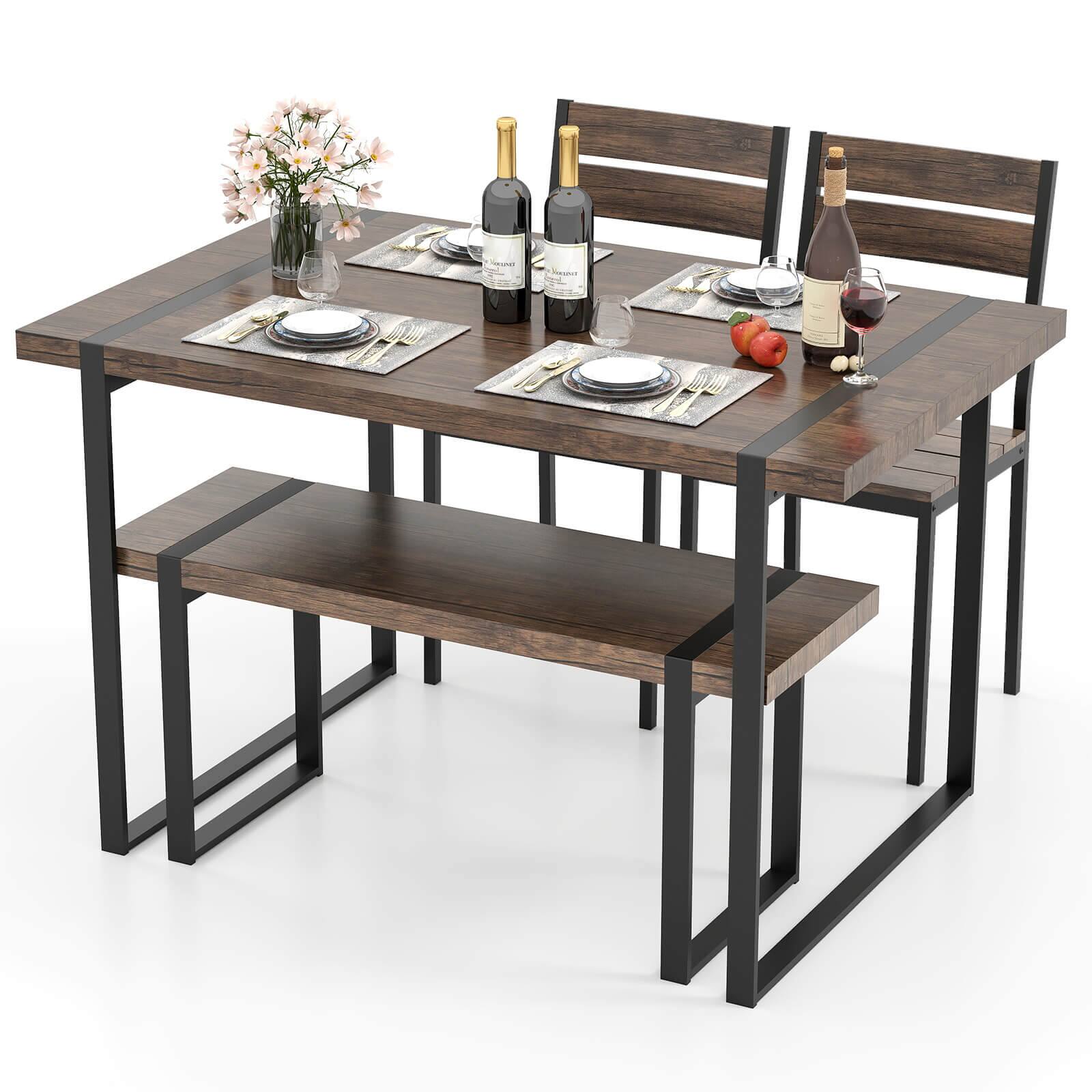 Costway - 47" Dining Table Set for 4, Wooden Kitchen Table with 2 Chairs & Bench, Metal Frame - Gray,Black