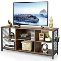 Costway - 3-Tier TV Stand for TV's up to 65'' Entertainment Media Center w/Storage Basket - Rustic Brown/Black - Front_Zoom